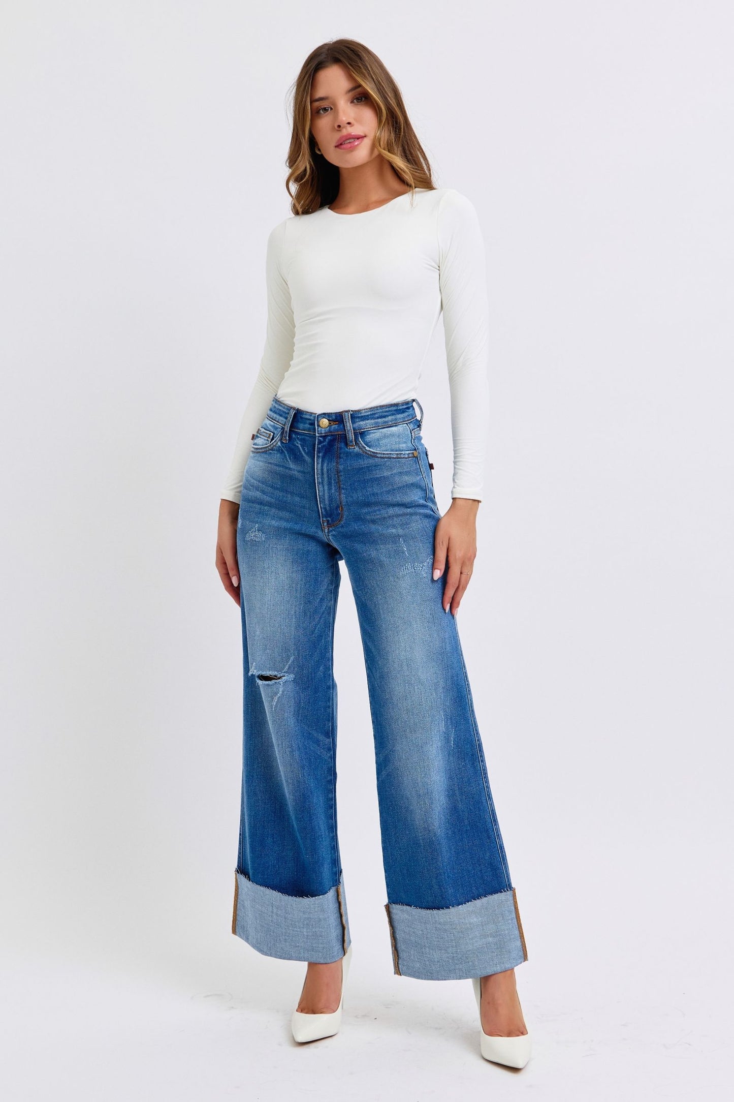 Blue Zone Planet | Judy Blue Full Size Distressed High Waist Wide Leg Jeans-BOTTOMS SIZES SMALL MEDIUM LARGE-[Adult]-[Female]-2022 Online Blue Zone Planet