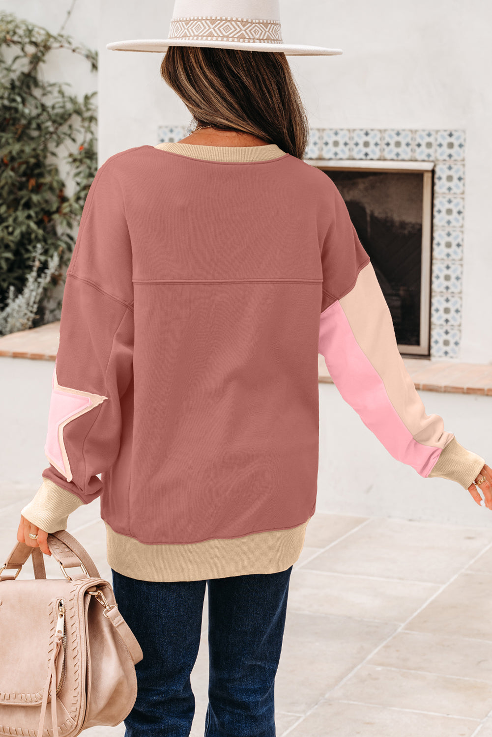 Rose Pink Contrast Star Patchwork Exposed Seam Uneven Hem Drop Shoulder Sweatshirt-Tops/Sweatshirts & Hoodies-[Adult]-[Female]-2022 Online Blue Zone Planet