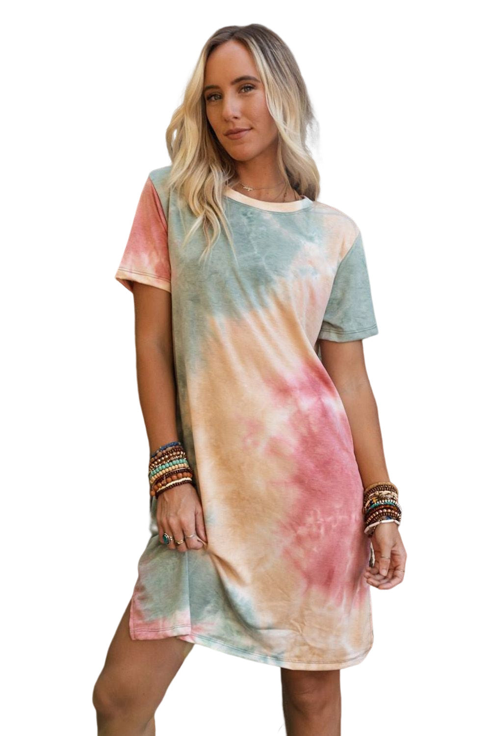 Multicolor Tie Dye Oversized Slit Tee Dress Blue Zone Planet