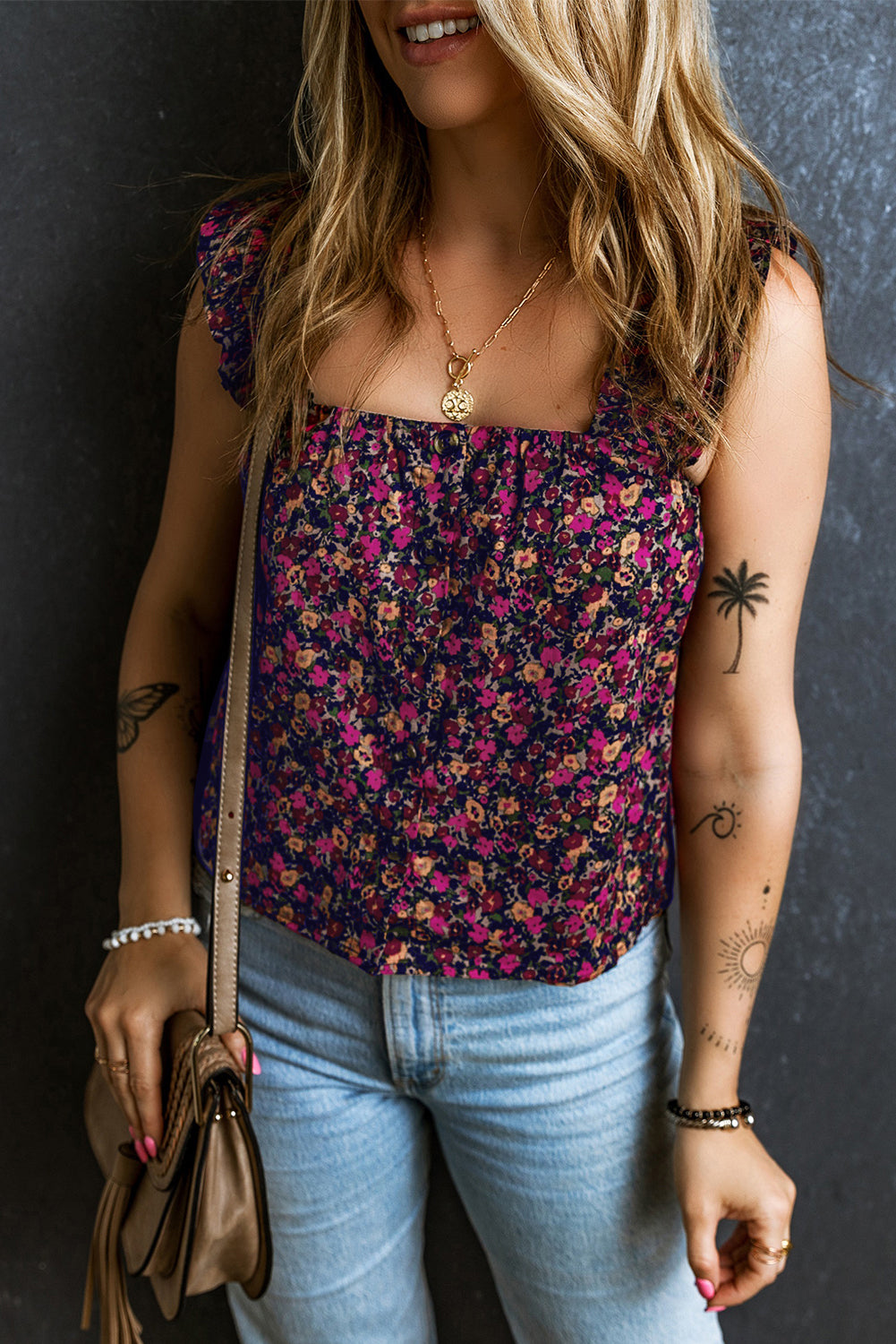 Blue Zone Planet |  Rose Boho Frilled Straps Floral Tank Top Blue Zone Planet