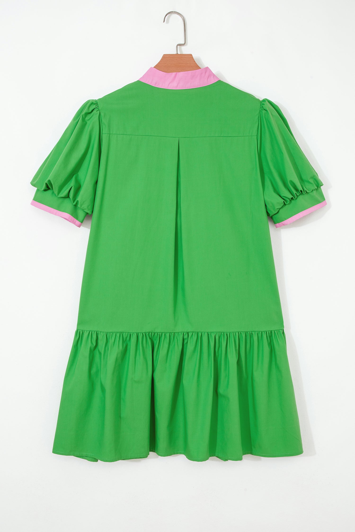 Bright Green Color Block Detail Split Neck Short Puff Sleeve Ruffle Hem Mini Dress-TOPS / DRESSES-[Adult]-[Female]-2022 Online Blue Zone Planet