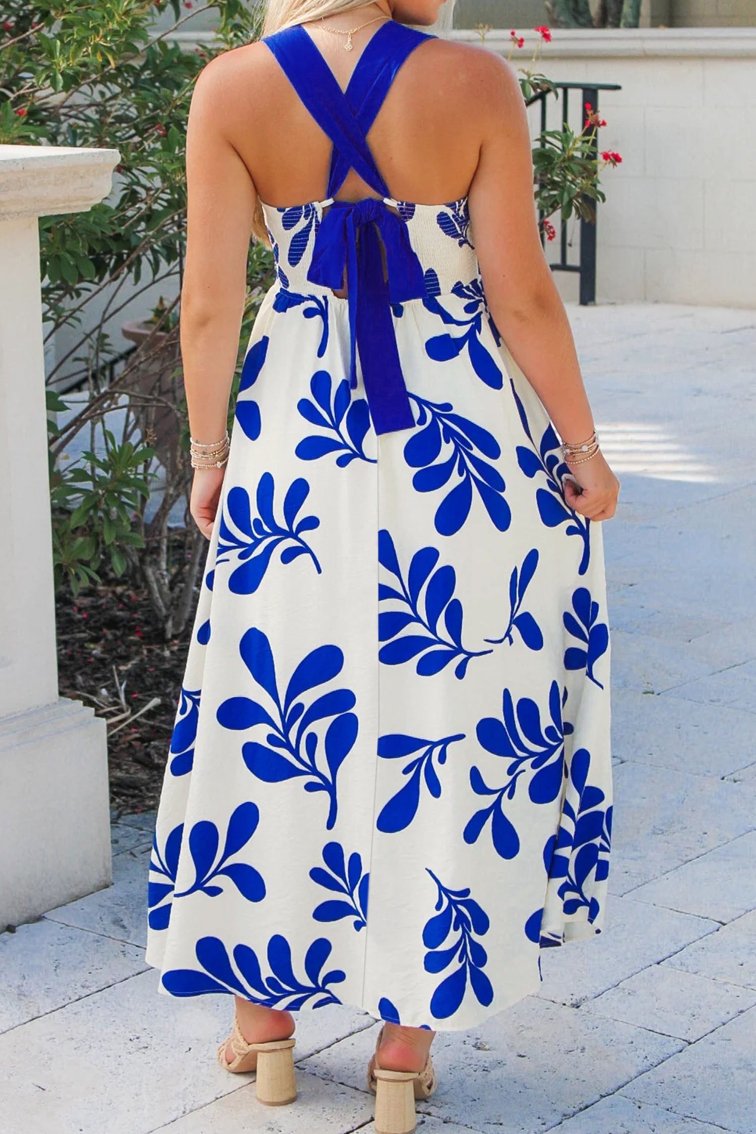 Blue Floral Print Crisscross Tie Back Sleeveless Long Dress-TOPS / DRESSES-[Adult]-[Female]-2022 Online Blue Zone Planet