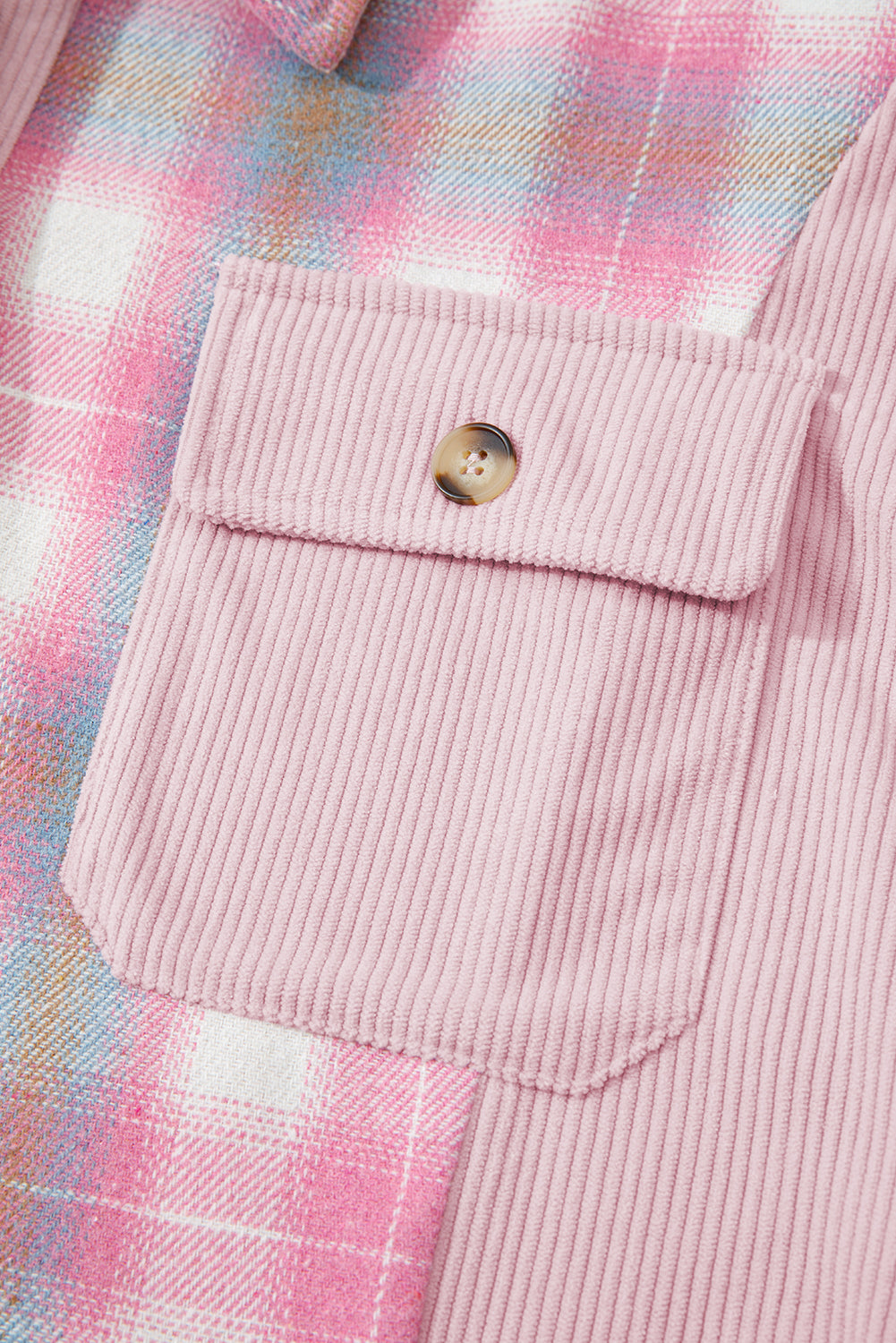 Pink Brushed Plaid Corduroy Flap Pockets Patchwork Shacket-Outerwear/Plaid Shackets-[Adult]-[Female]-2022 Online Blue Zone Planet