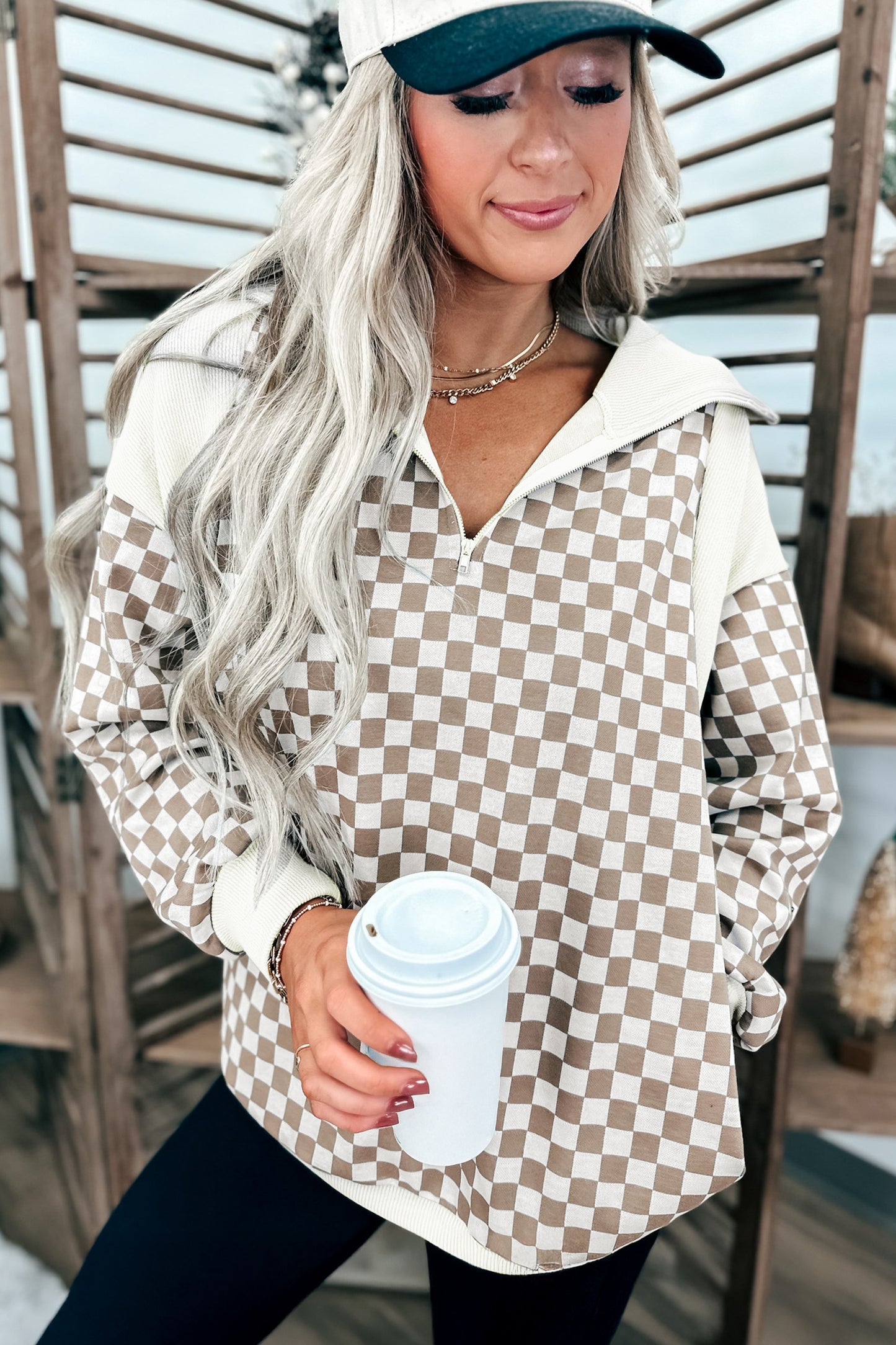 Khaki Checkered Print Quarter Zip Ribbed Patchwork Loose Sweatshirt-Tops/Sweatshirts & Hoodies-[Adult]-[Female]-2022 Online Blue Zone Planet
