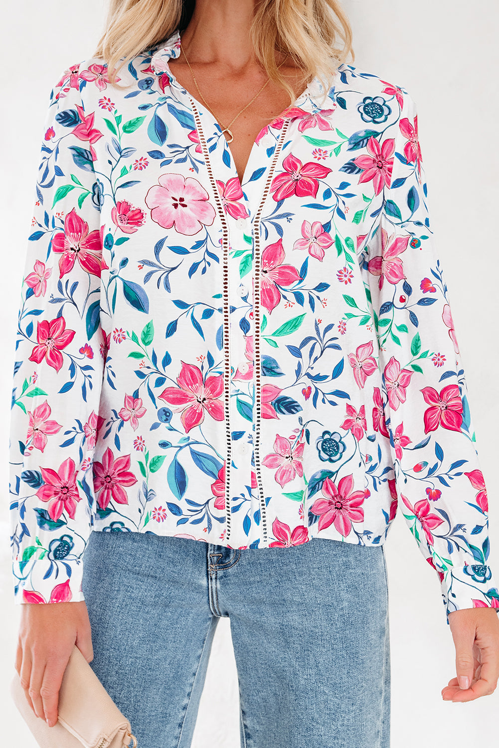 Pink Floral Print Lace Detail Button-Up Long Sleeve Shirt-Tops/Blouses & Shirts-[Adult]-[Female]-2022 Online Blue Zone Planet
