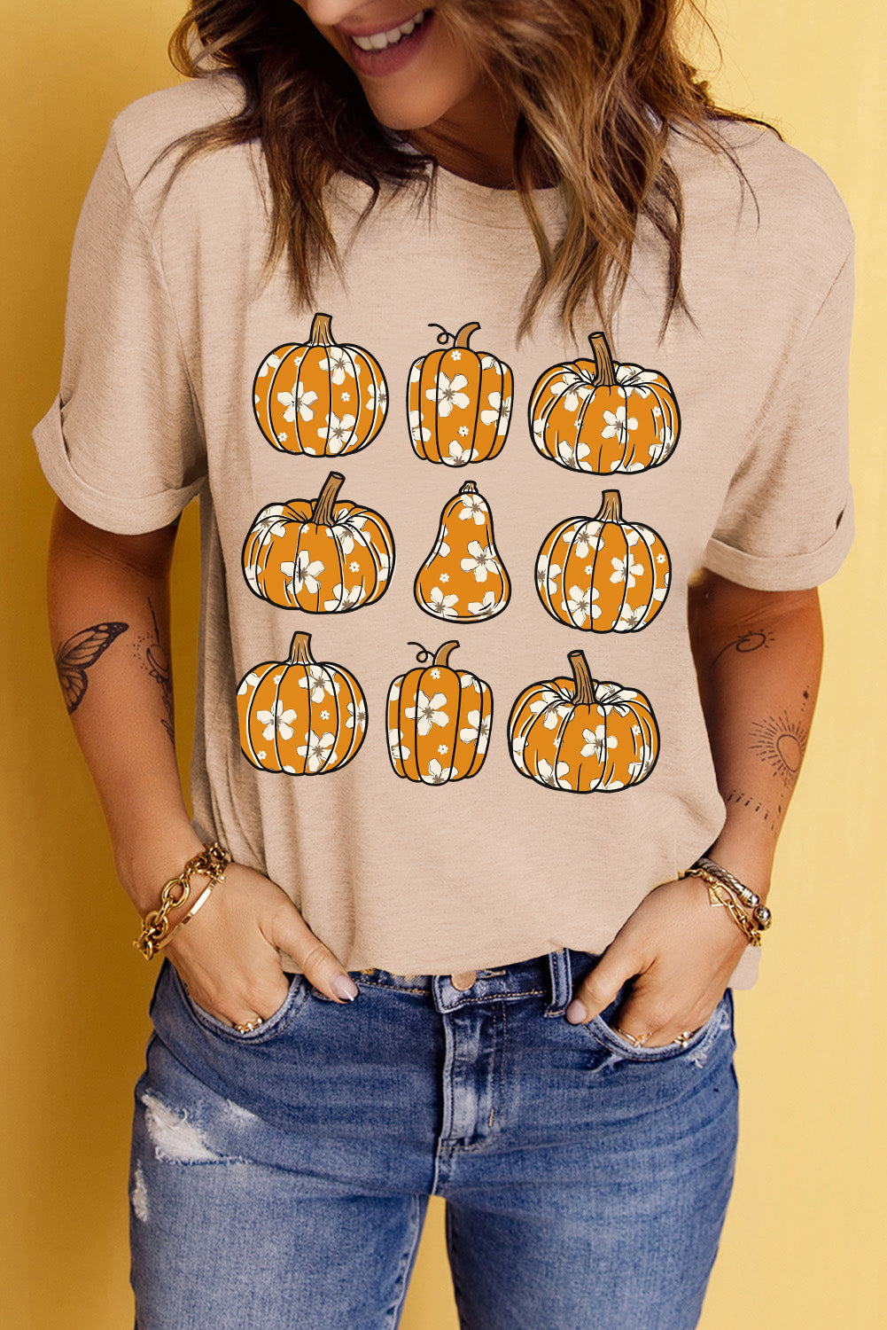 Khaki Floral Pumpkin Print Casual T Shirt-Graphic/Graphic Tees-[Adult]-[Female]-2022 Online Blue Zone Planet