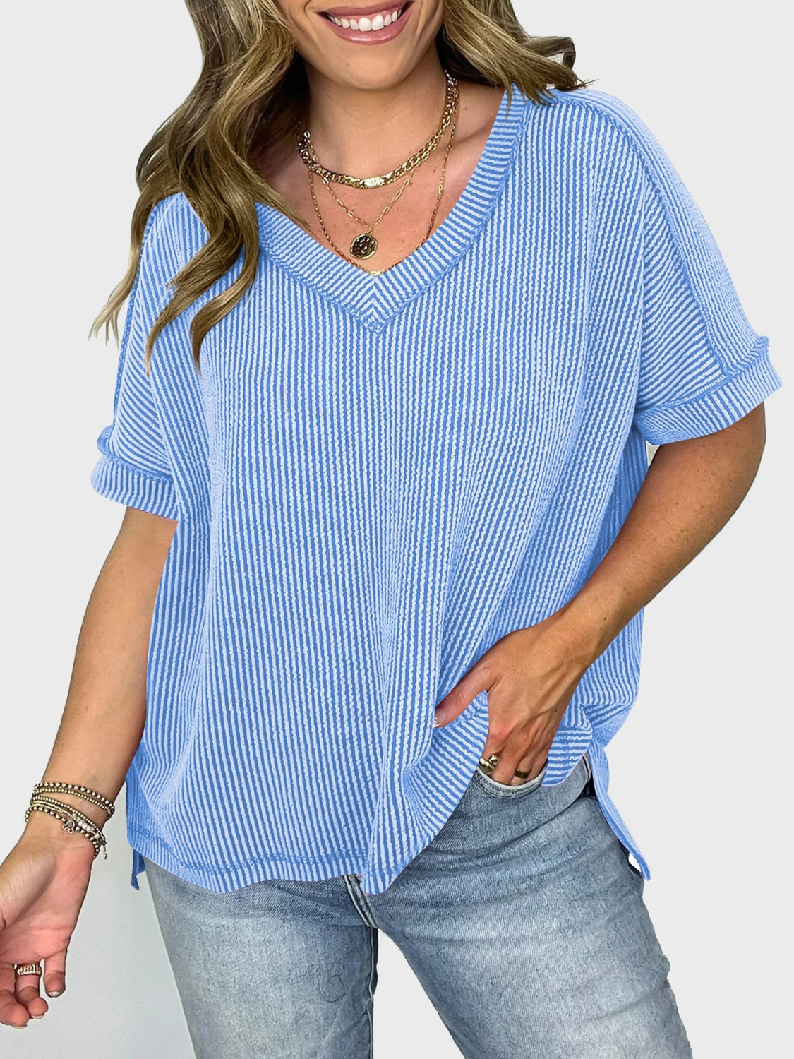 Blue Zone Planet | Lovelet Texture V-Neck Half Sleeve T-Shirt-TOPS / DRESSES-[Adult]-[Female]-Sky Blue-S-2022 Online Blue Zone Planet