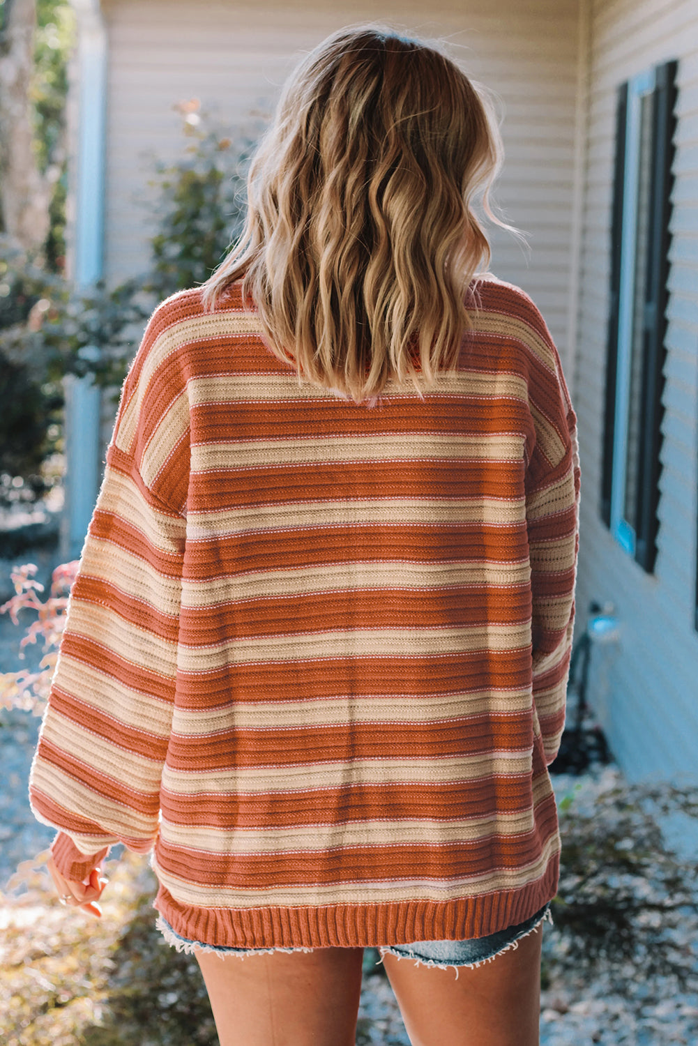 Orange Stripe Ribbed Trim Drop Shoulder Sweater-Sweaters & Cardigans/Sweaters-[Adult]-[Female]-2022 Online Blue Zone Planet