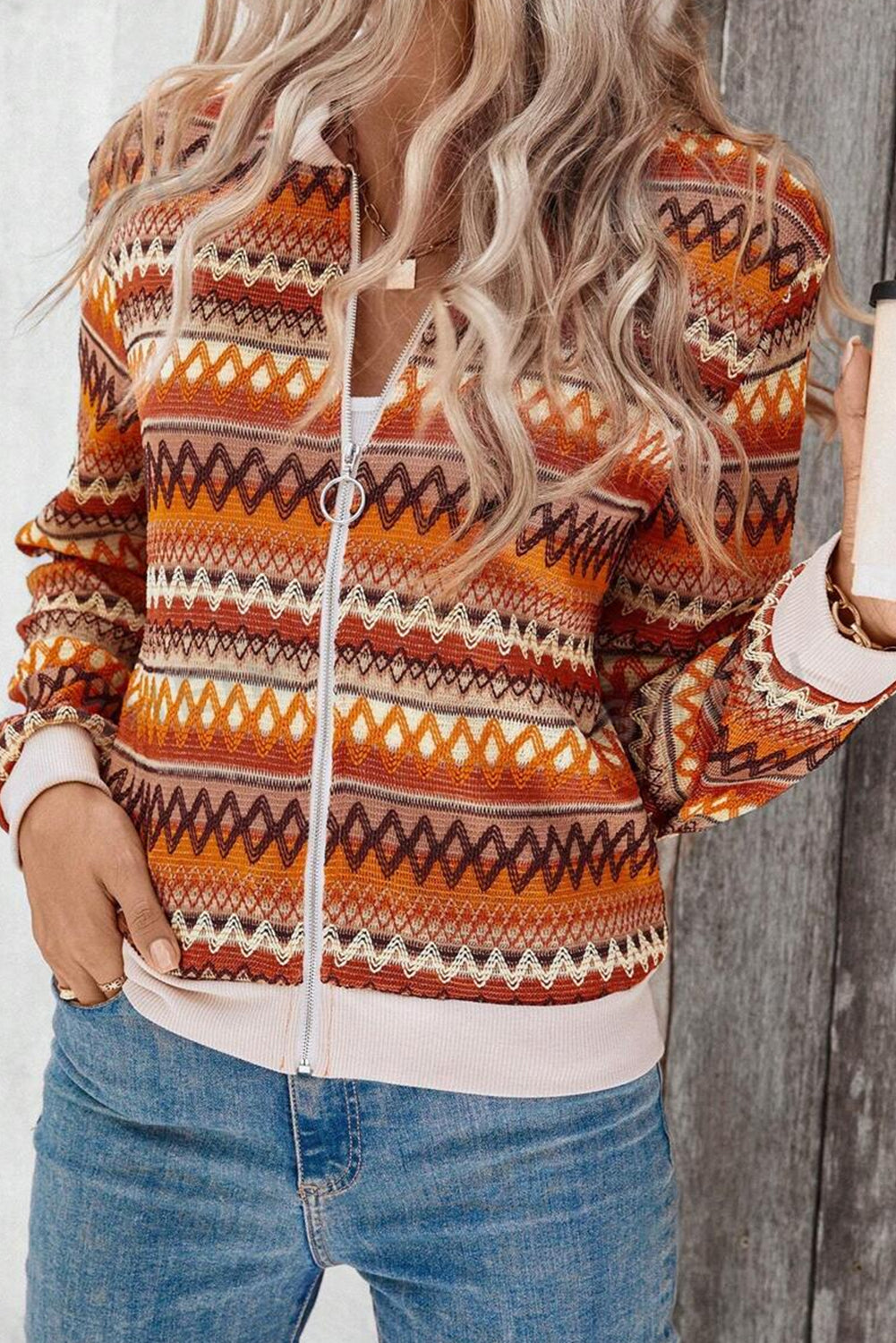 Blue Zone Planet | Orange Boho Striped Zip Up Long Sleeve Jacket-Outerwear/Jackets-[Adult]-[Female]-Orange-S-2022 Online Blue Zone Planet