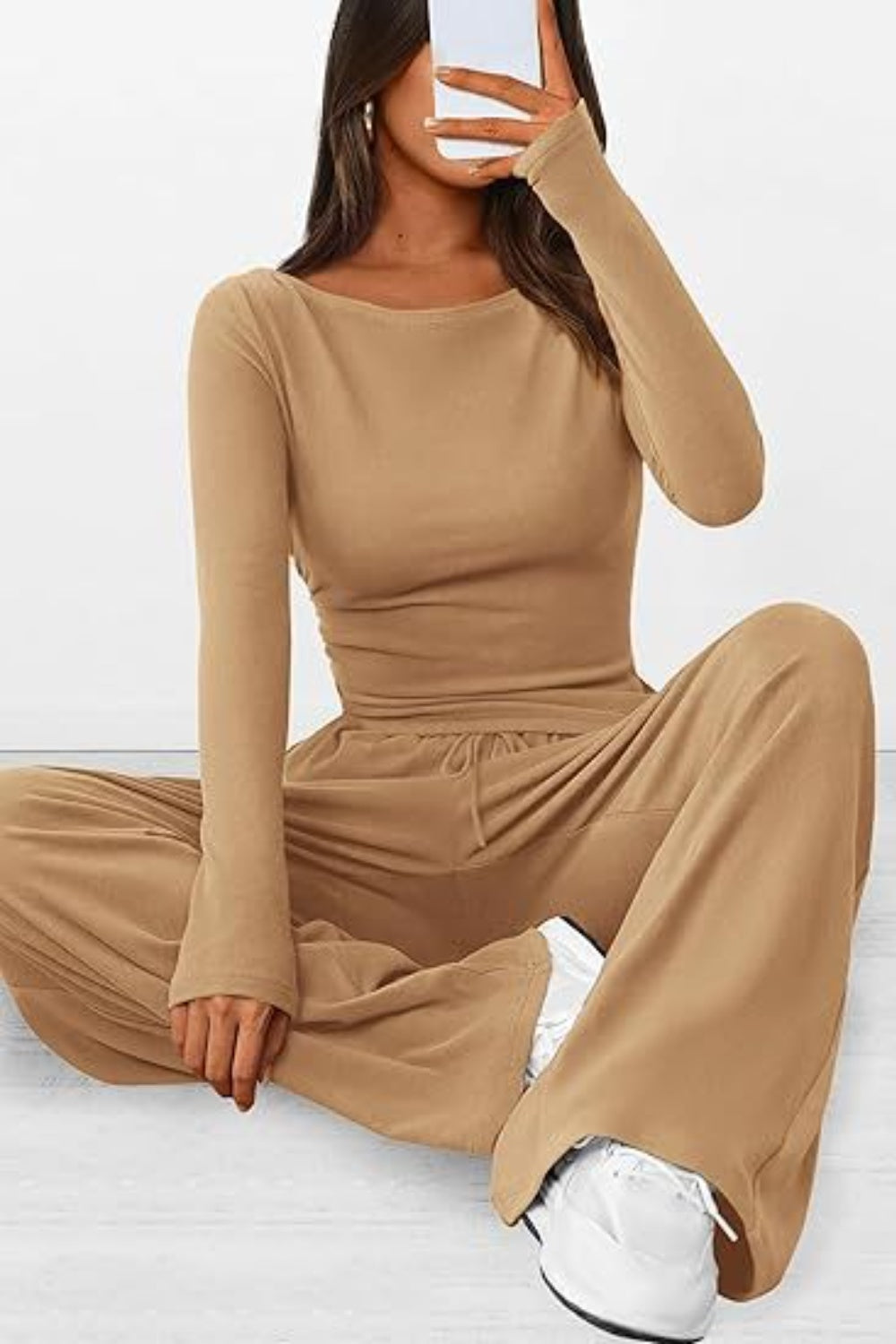 Round Neck Long Sleeve Top and Pants Set-TOPS / DRESSES-[Adult]-[Female]-Camel-XS-2022 Online Blue Zone Planet