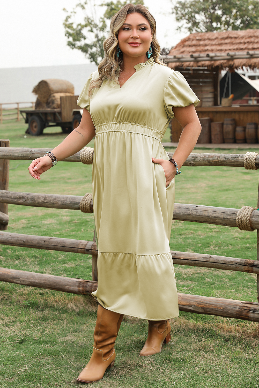 Laurel Green Notched V Neck Puff Sleeve Tiered Plus Size Maxi Dress-TOPS / DRESSES-[Adult]-[Female]-2022 Online Blue Zone Planet
