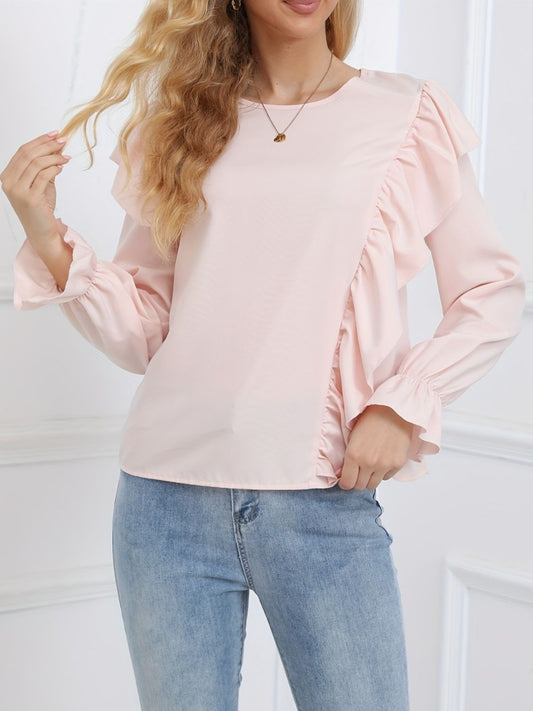 Ruffled Round Neck Long Sleeve Blouse-TOPS / DRESSES-[Adult]-[Female]-Blush Pink-S-2022 Online Blue Zone Planet