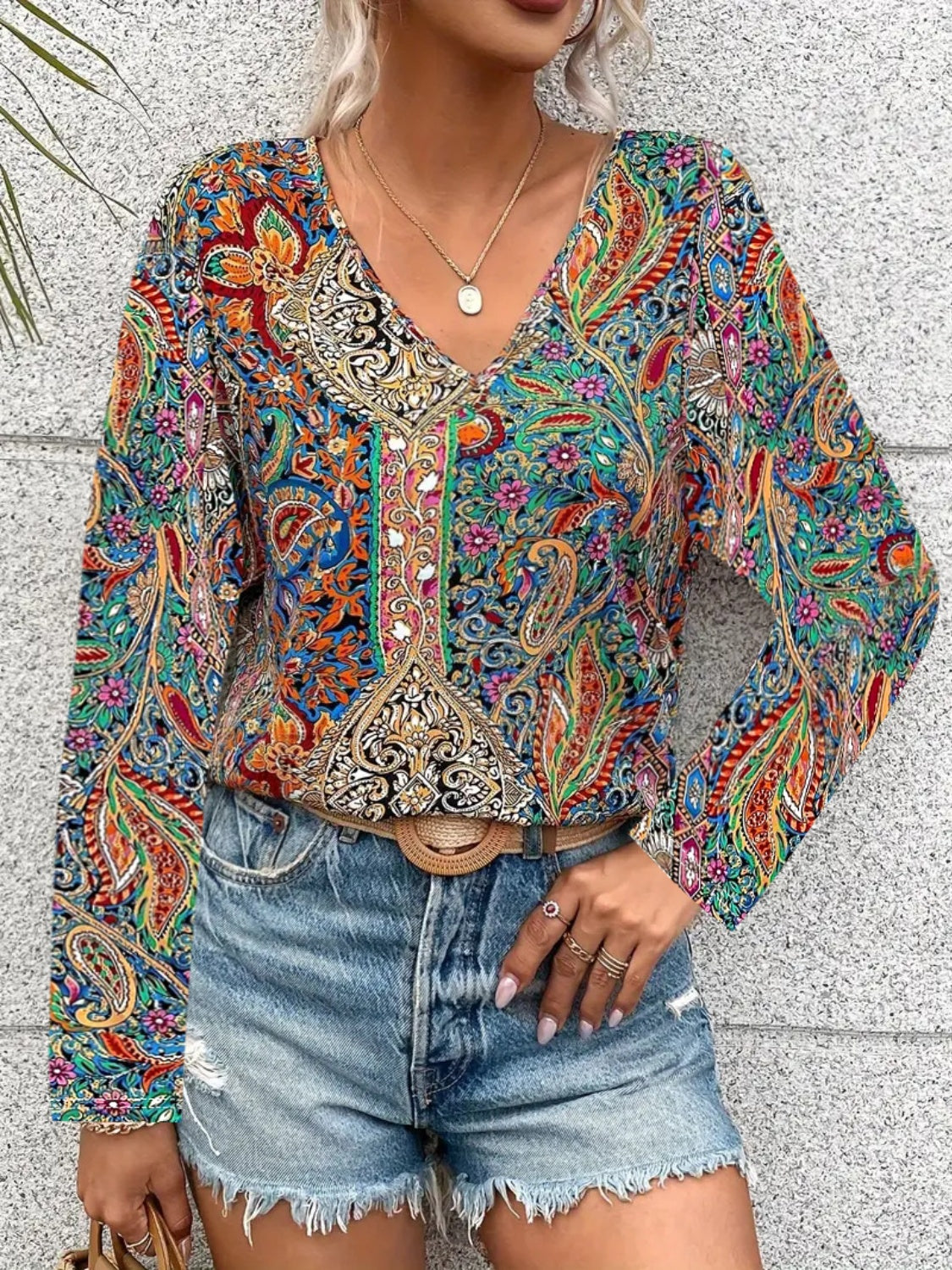 Printed V-Neck Long Sleeve Blouse-TOPS / DRESSES-[Adult]-[Female]-2022 Online Blue Zone Planet