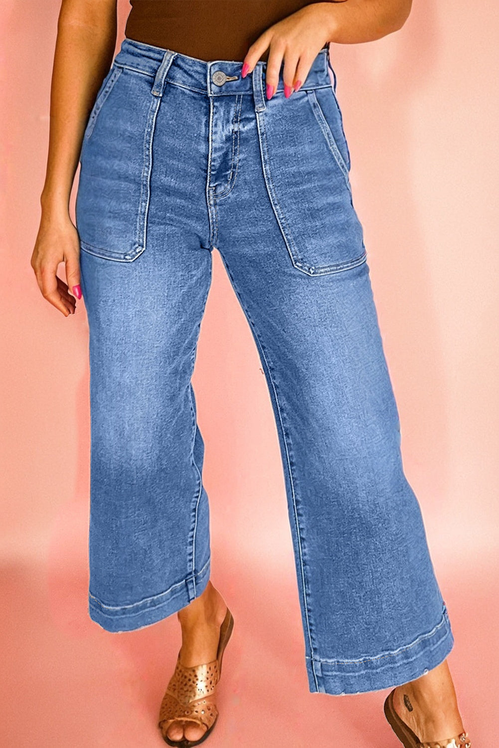 Sky Blue Cropped High Rise Wide Leg Jeans-Bottoms/Jeans-[Adult]-[Female]-2022 Online Blue Zone Planet