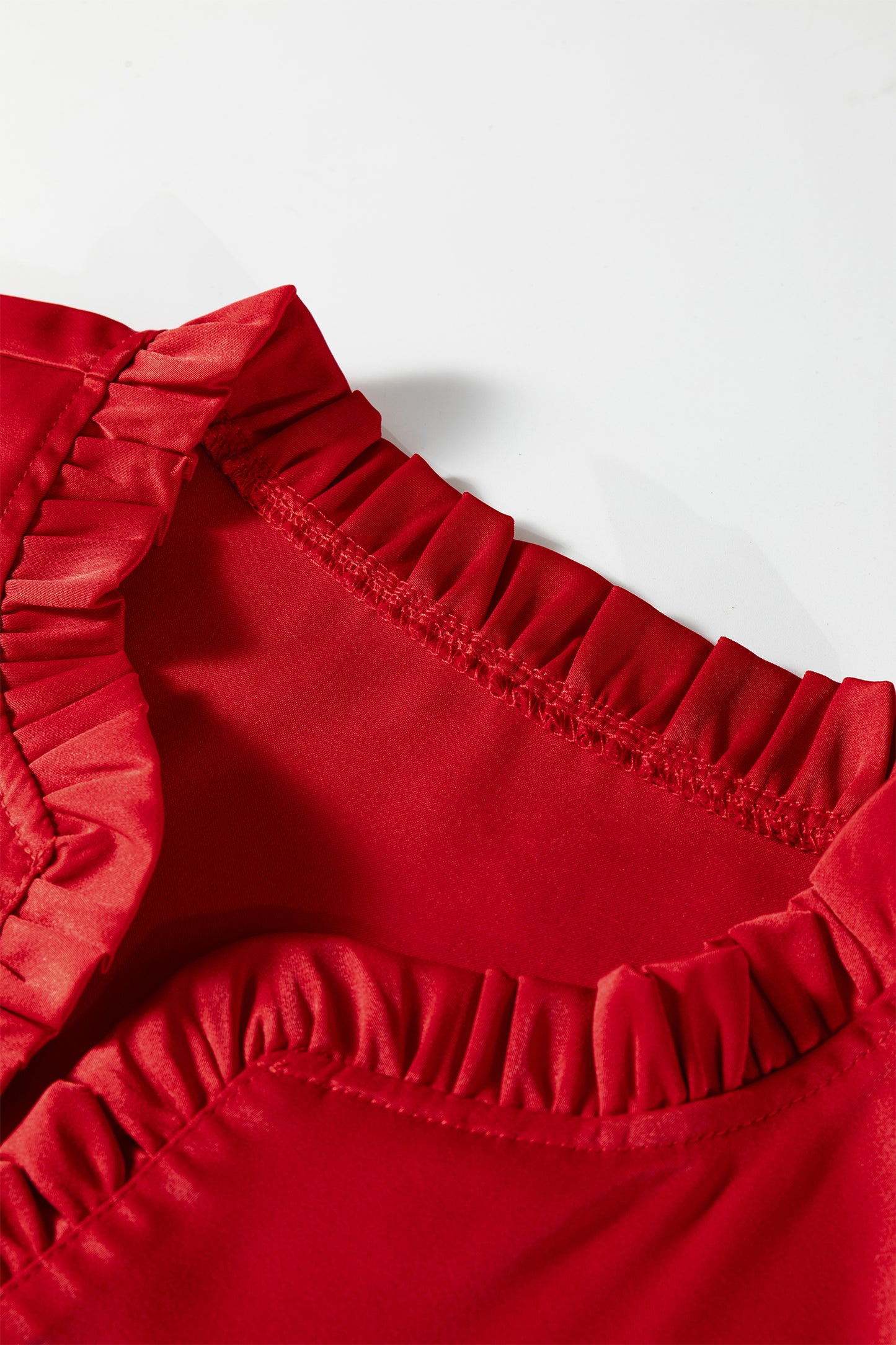 Fiery Red Solid Color Frilled V Neck Bow Detail 3/4 Sleeve Blouse-Tops/Blouses & Shirts-[Adult]-[Female]-2022 Online Blue Zone Planet