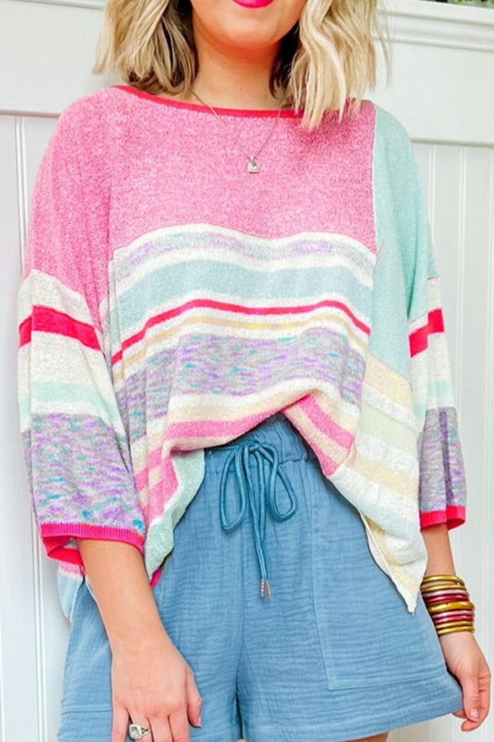 Blue Zone Planet | Contrast Round Neck Three-Quarter Sleeve Knit Top-TOPS / DRESSES-[Adult]-[Female]-2022 Online Blue Zone Planet