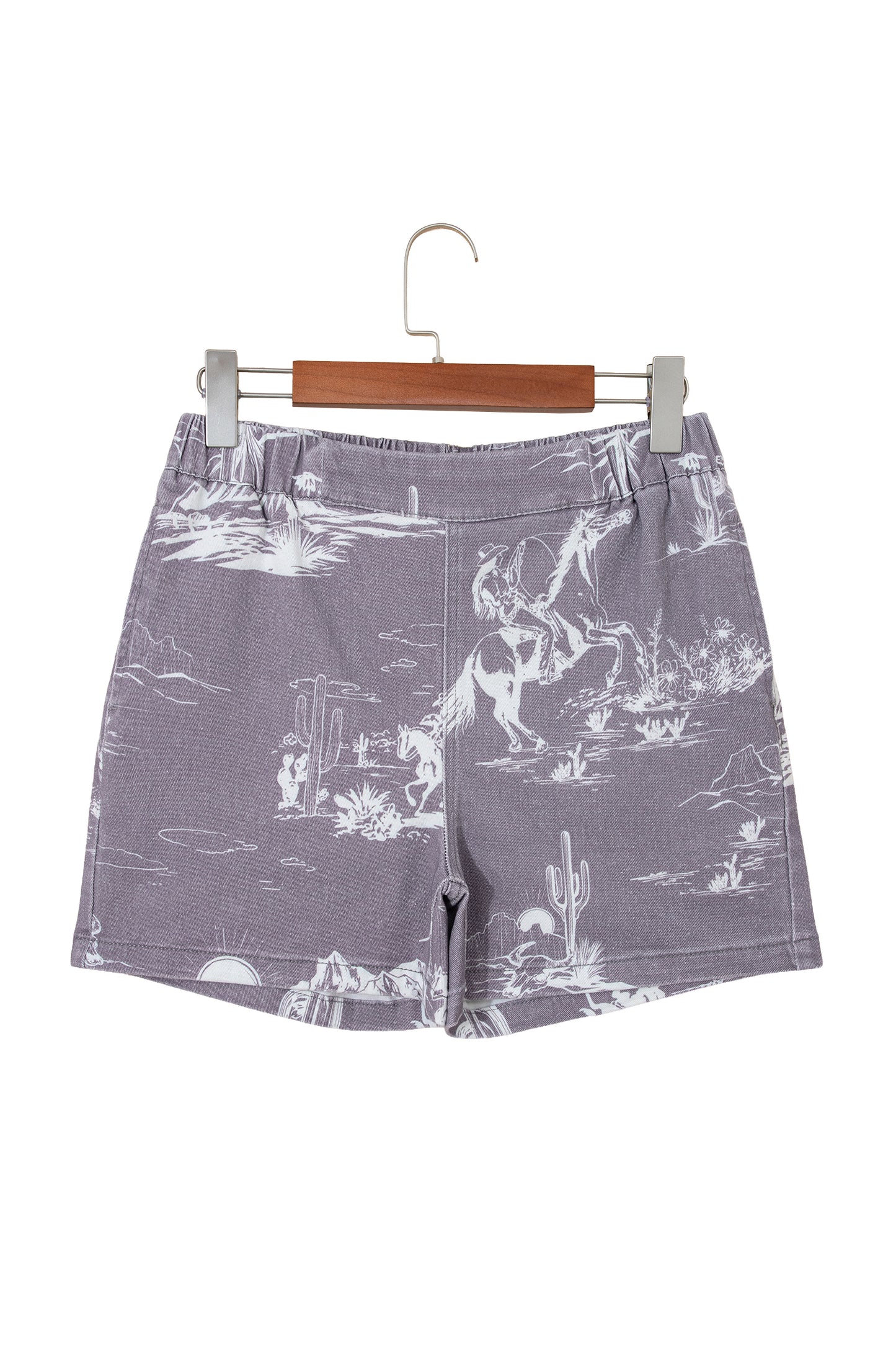 Gray Western Print Elastic Waist Cotton Denim Shorts-Bottoms/Denim Shorts-[Adult]-[Female]-2022 Online Blue Zone Planet