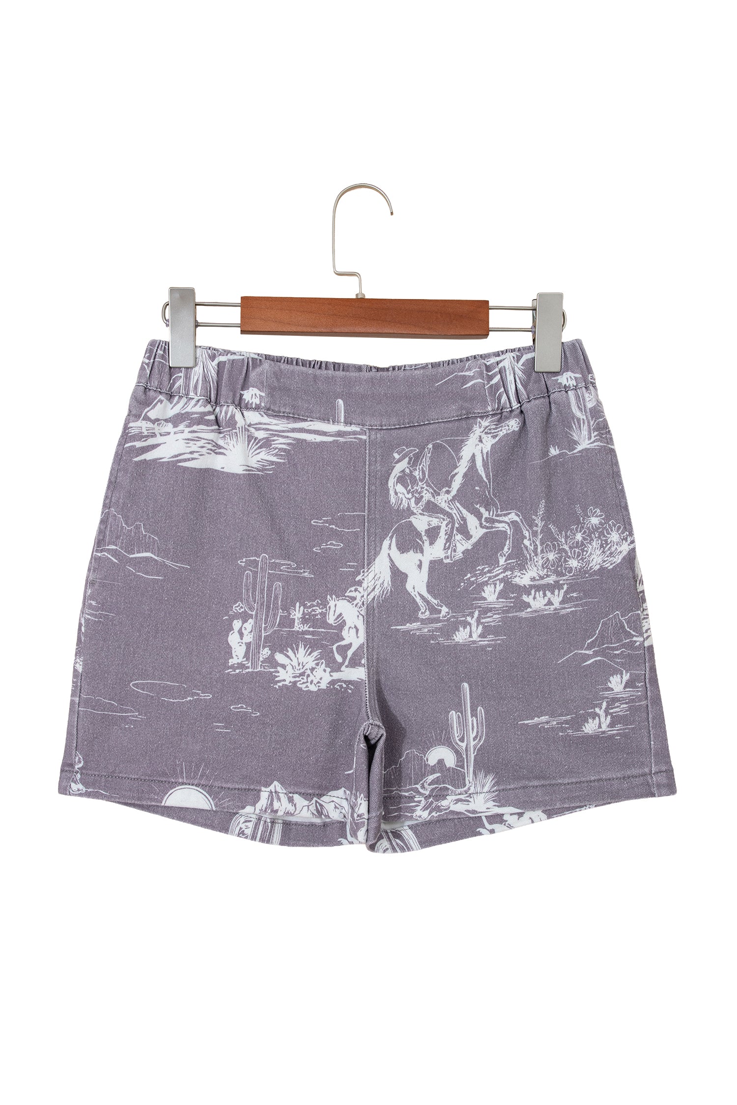 Gray Western Print Elastic Waist Cotton Denim Shorts-Bottoms/Denim Shorts-[Adult]-[Female]-2022 Online Blue Zone Planet