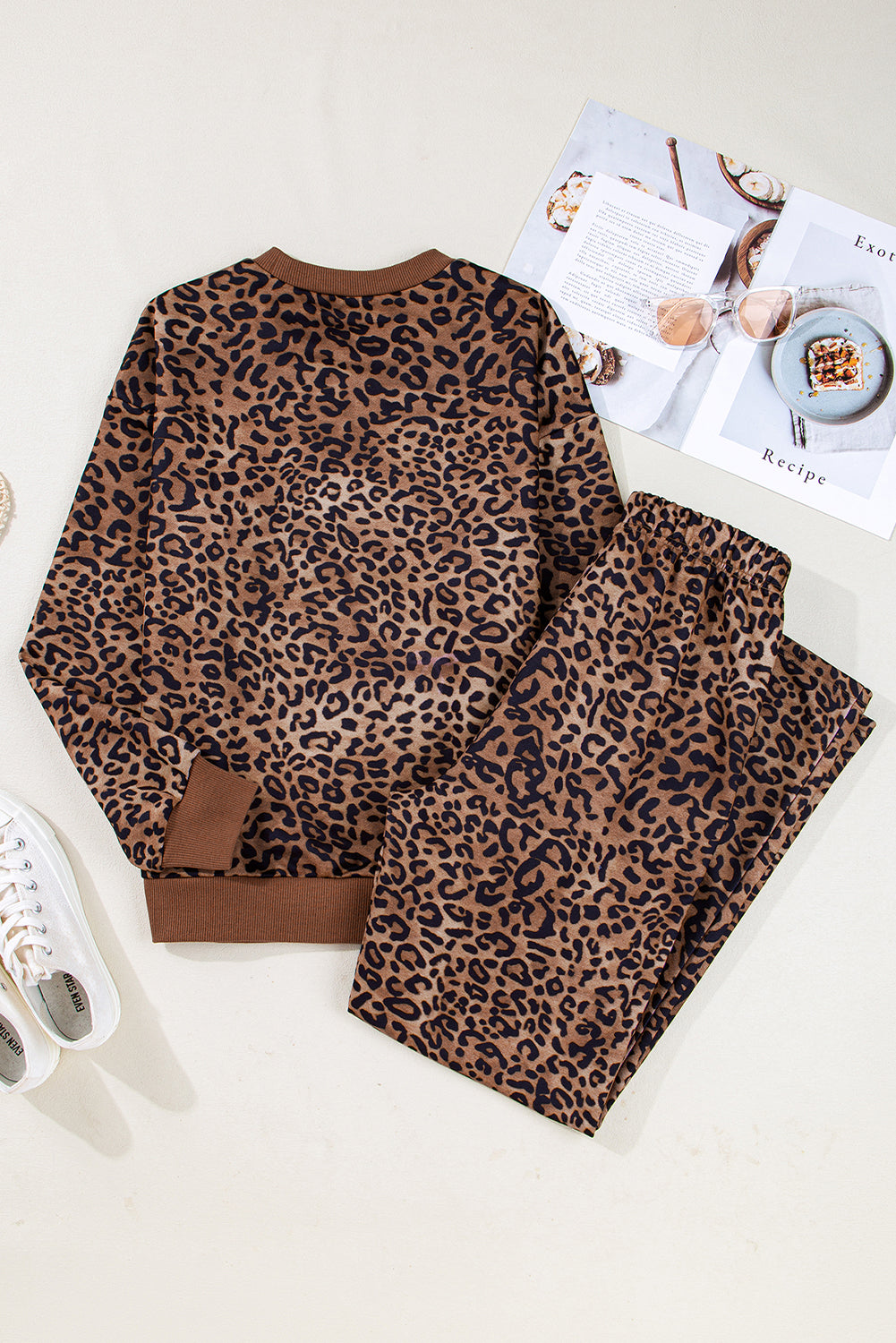Coffee Leopard Print Contrast Trim Long Sleeve Top And Pants Set-Two Piece Sets/Pant Sets-[Adult]-[Female]-2022 Online Blue Zone Planet