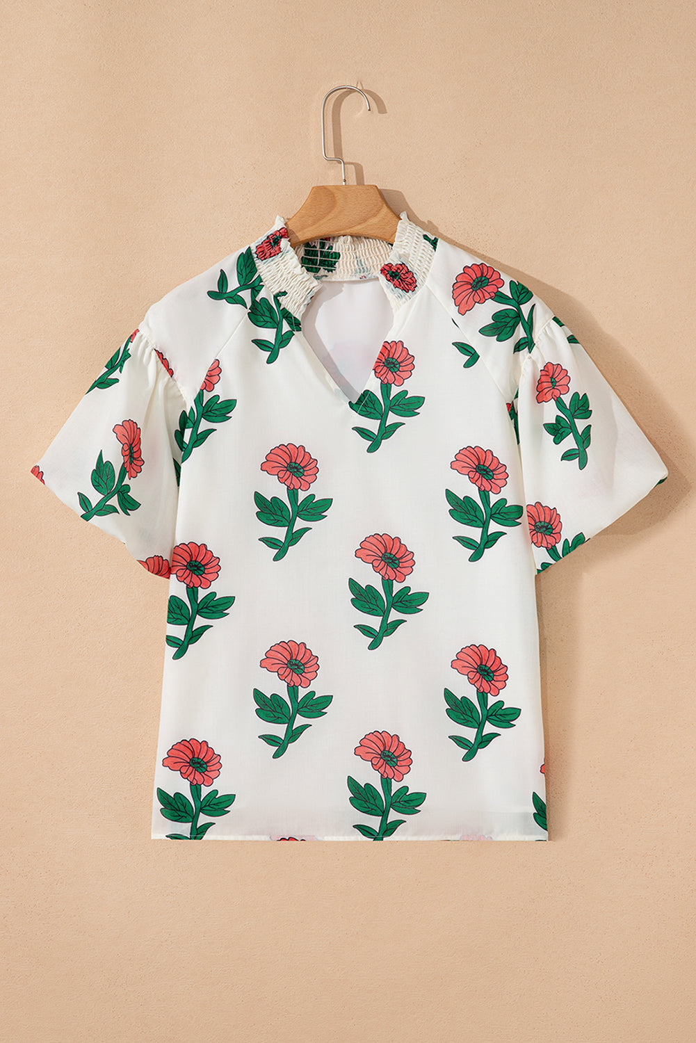 Beige Floral Print Shirred Split Neck Short Sleeve Blouse-Tops/Blouses & Shirts-[Adult]-[Female]-2022 Online Blue Zone Planet