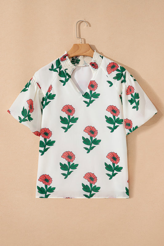 Beige Floral Print Shirred Split Neck Short Sleeve Blouse-Tops/Blouses & Shirts-[Adult]-[Female]-2022 Online Blue Zone Planet