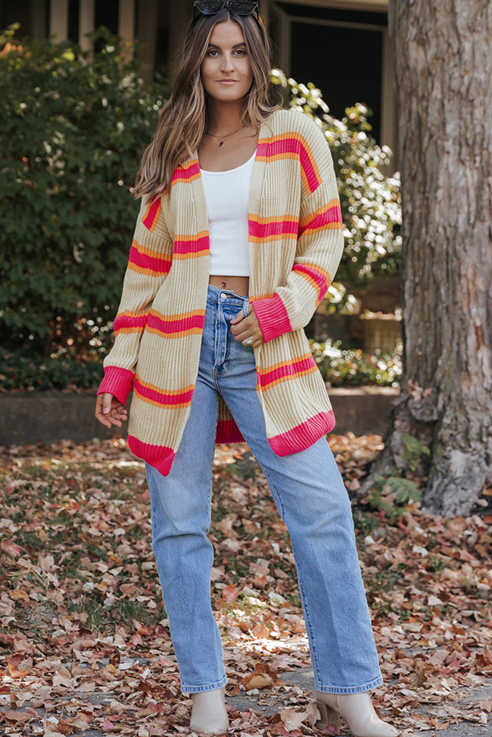 Stripe Printed Ribbed Long Knitted Cardigan-Sale (50% OFF)/30% OFF-[Adult]-[Female]-2022 Online Blue Zone Planet