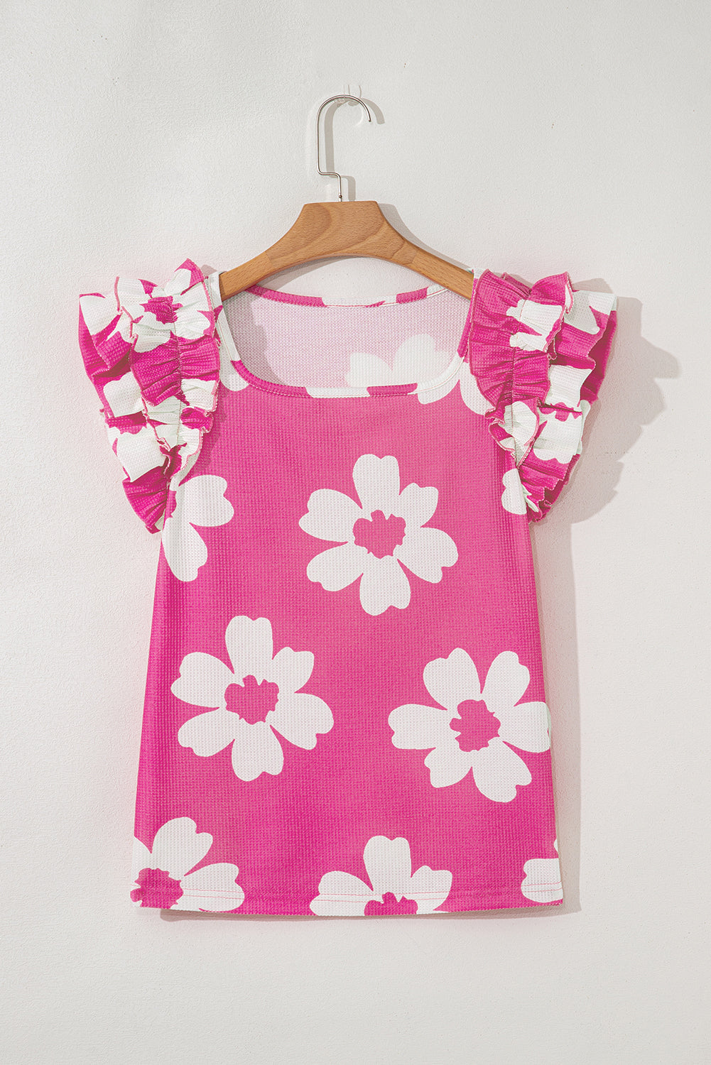 Pink Floral Textured Ruffled Short Sleeve Square Neck Blouse-Tops/Blouses & Shirts-[Adult]-[Female]-2022 Online Blue Zone Planet