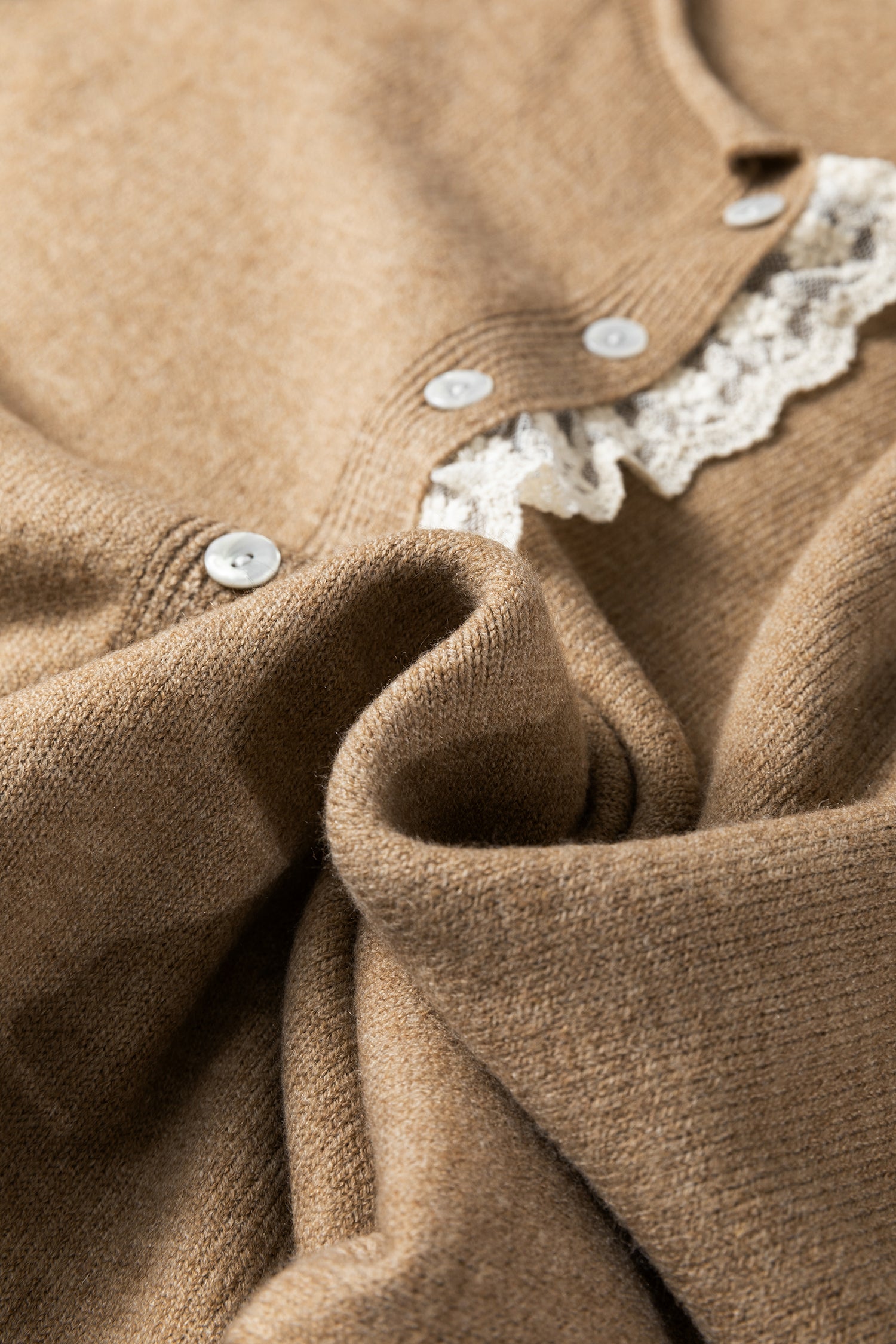 Simply Taupe Contrast Frilled Lace Trim Loose Cardigan Sweater-TOPS / DRESSES-[Adult]-[Female]-2022 Online Blue Zone Planet