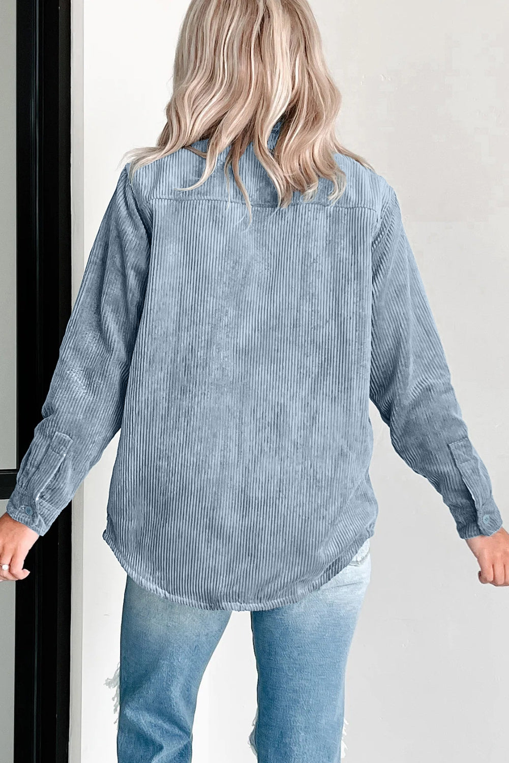 Stone Blue Plaid Corduroy Reversible Button Up Shacket-Outerwear/Plaid Shackets-[Adult]-[Female]-2022 Online Blue Zone Planet