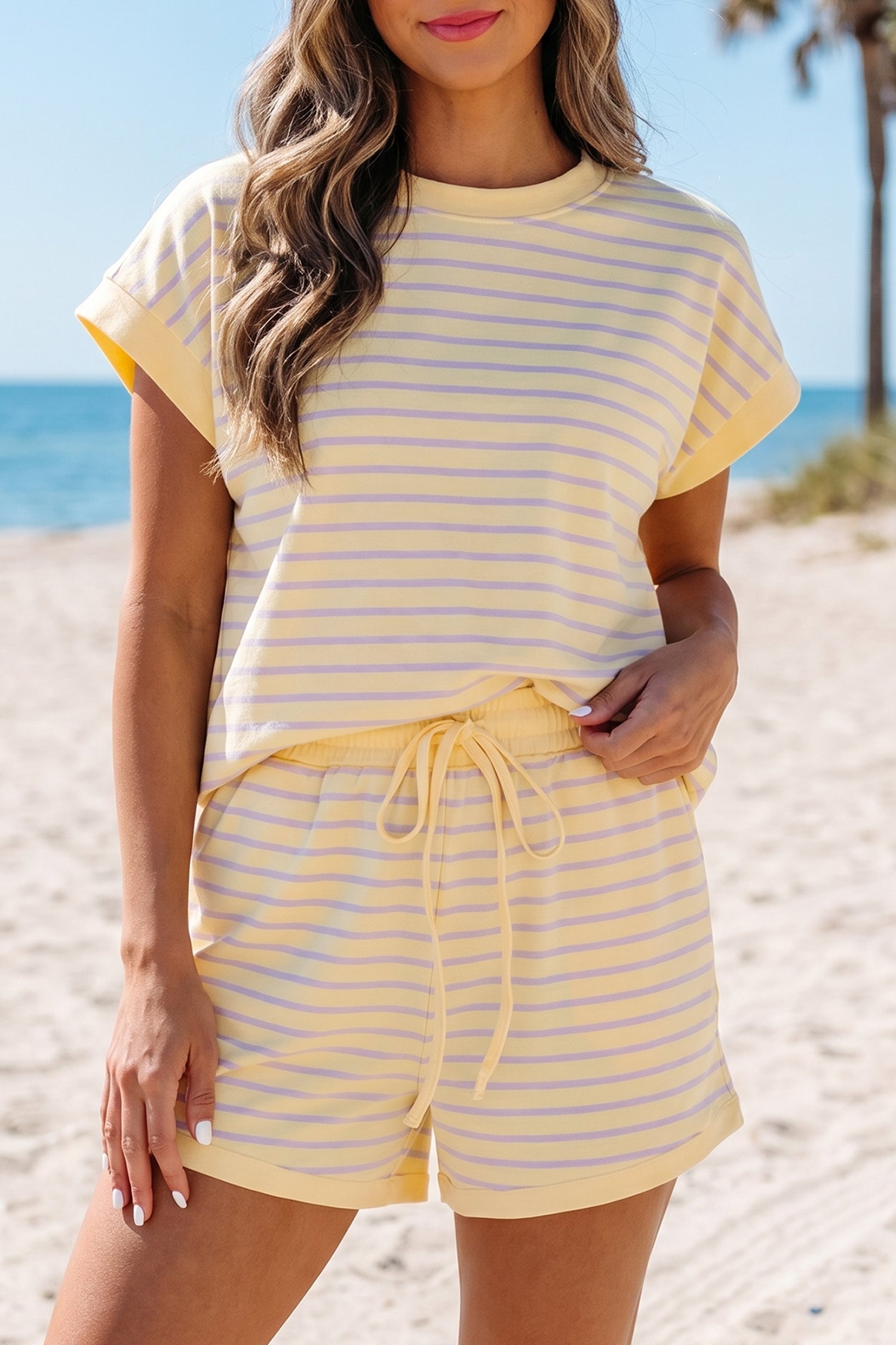 Yellow Stripe Relaxed Tee Drawstring Shorts 2pcs Outfit-Two Piece Sets/Short Sets-[Adult]-[Female]-2022 Online Blue Zone Planet