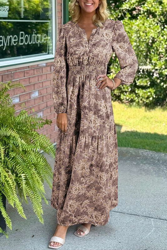 Brown Floral Print Smocked High Waist Long Sleeve Maxi Dress-Dresses/Maxi Dresses-[Adult]-[Female]-Brown-S-2022 Online Blue Zone Planet