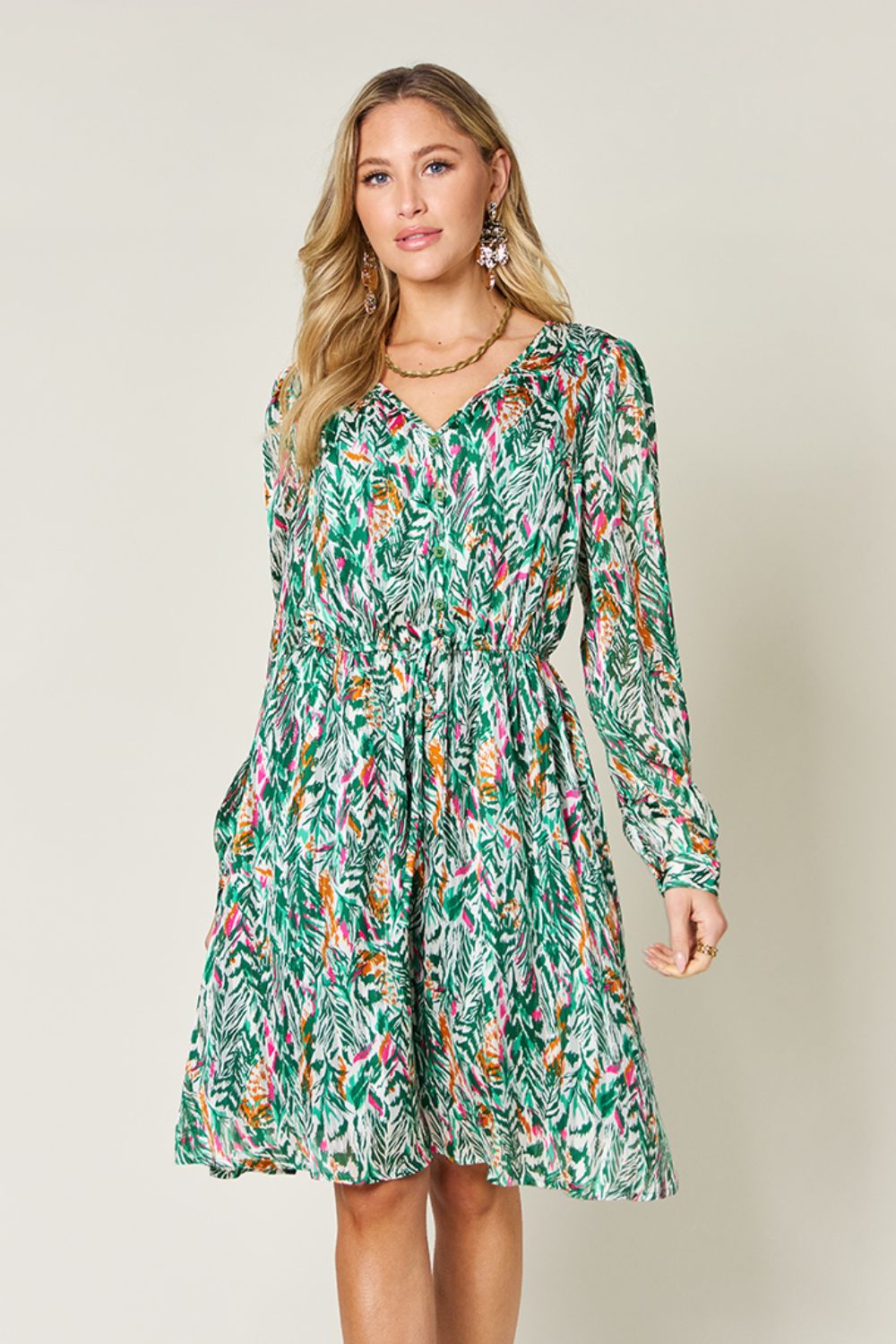 Double Take Full Size Printed Drawstring Waist Long Sleeve Dress-TOPS / DRESSES-[Adult]-[Female]-Turquoise-S-2022 Online Blue Zone Planet