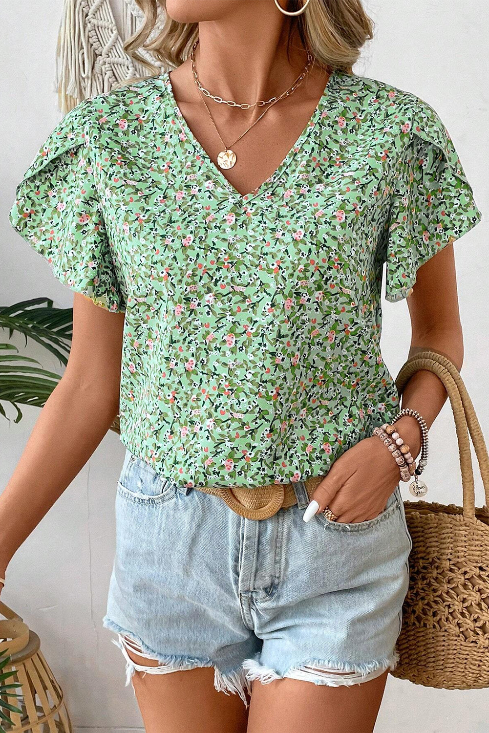 Green Boho Floral V Neck Wrap Short Sleeve Blouse-Tops/Blouses & Shirts-[Adult]-[Female]-2022 Online Blue Zone Planet