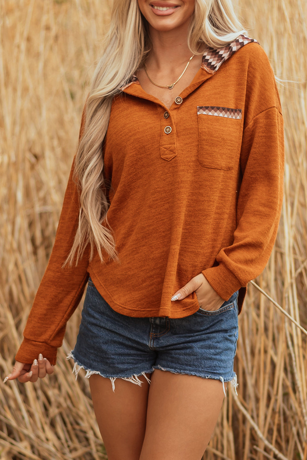 Straw Yellow Contrast Plaid Hood Patchwork Chest Pocket Henley Top-Tops / Dresses-[Adult]-[Female]-2022 Online Blue Zone Planet