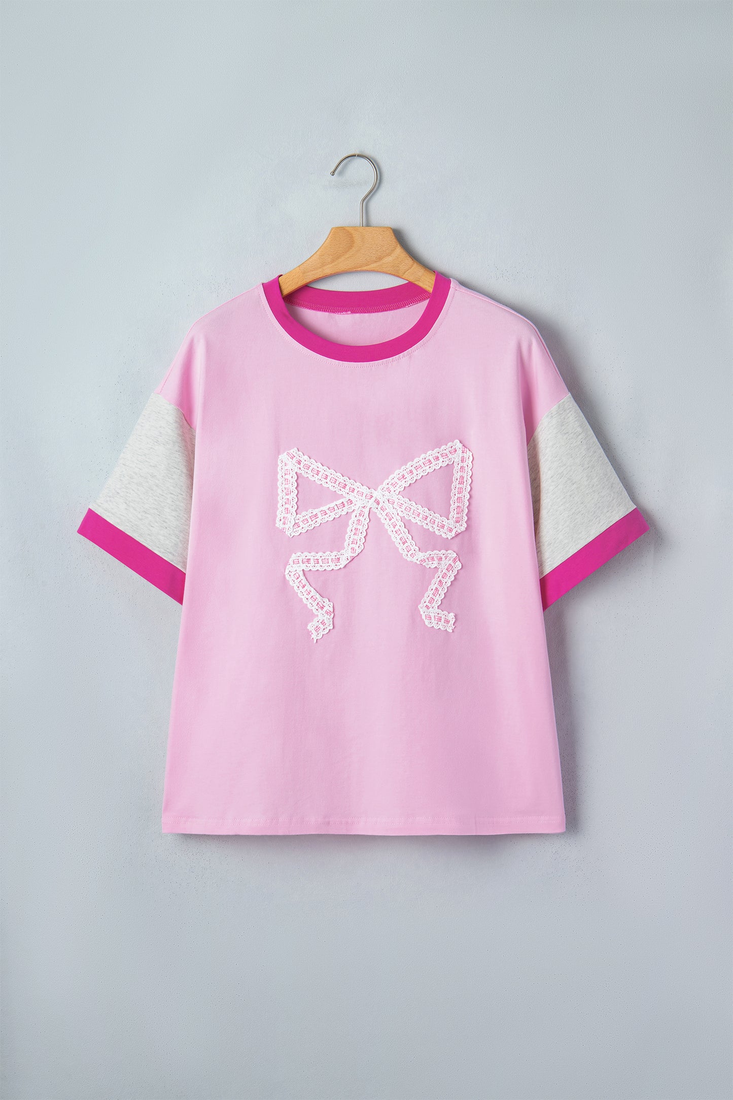 Gossamer Pink Embroidered Bow Detail Color Block Loose Tee-Tops/Tops & Tees-[Adult]-[Female]-2022 Online Blue Zone Planet
