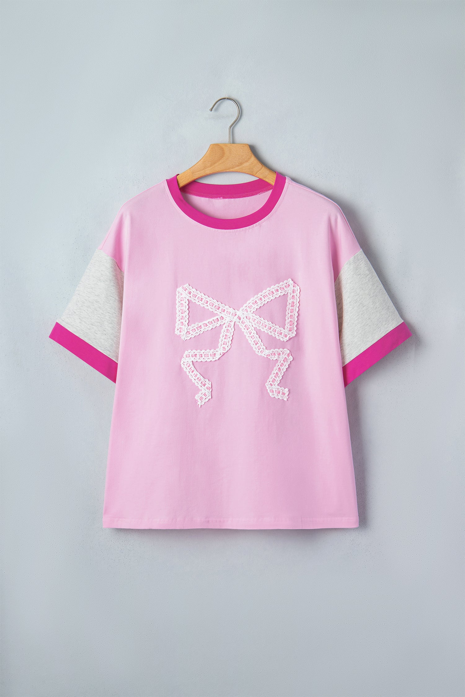 Gossamer Pink Embroidered Bow Detail Color Block Loose Tee-Tops/Tops & Tees-[Adult]-[Female]-2022 Online Blue Zone Planet