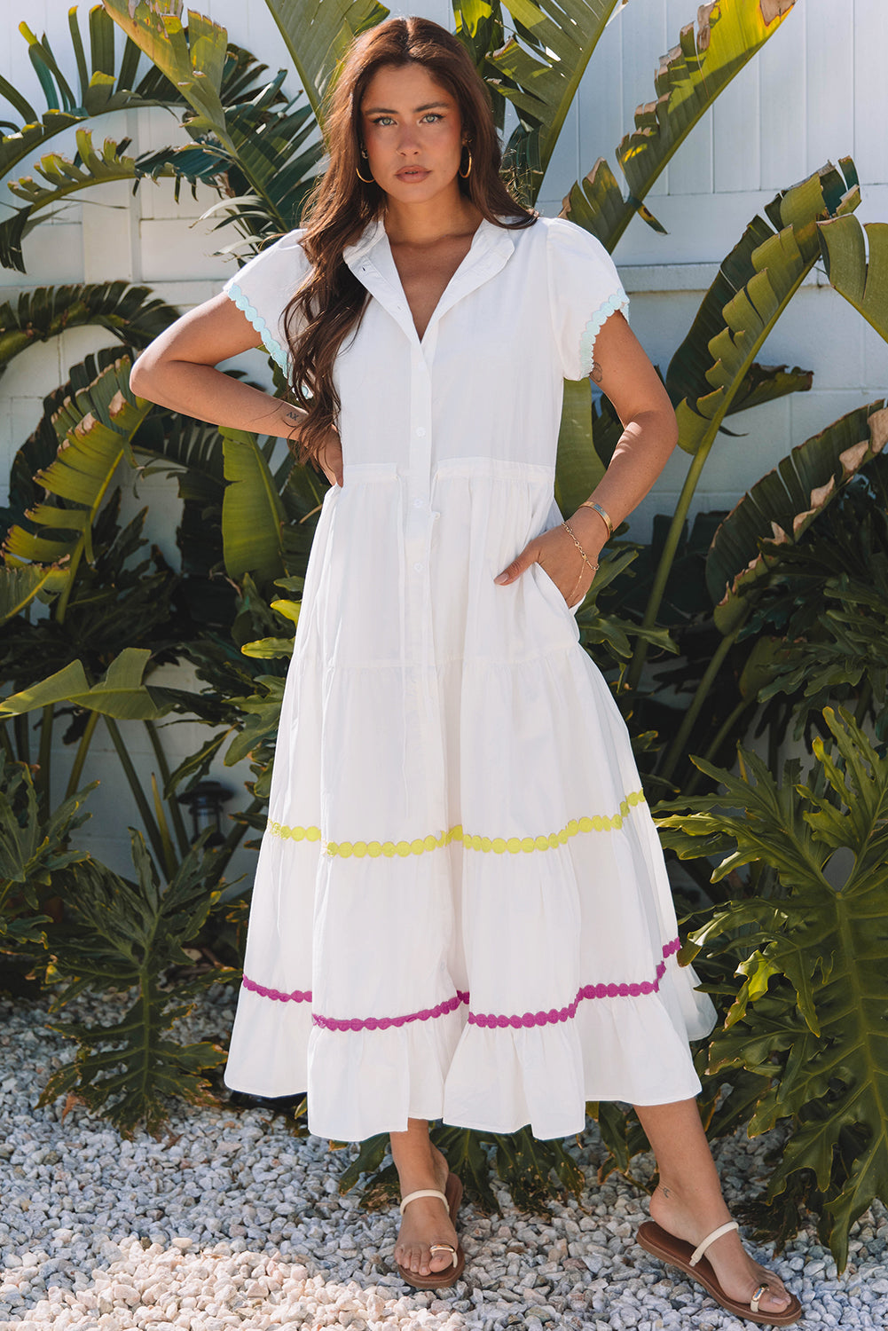 Blue Zone Planet | White Colorblock Rickrack Trim Short Sleeve Drawstring Waist Long Dress-TOPS / DRESSES-[Adult]-[Female]-2022 Online Blue Zone Planet