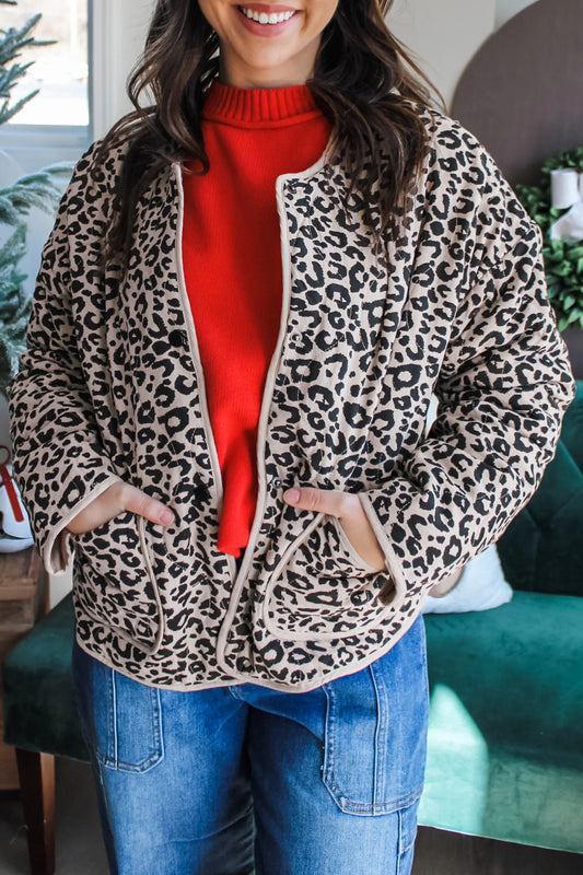 Khaki Leopard Print Patch Pockets Binding Tape Long Sleeve Regular Fit Jacket-Outerwear/Jackets-[Adult]-[Female]-Khaki-S-2022 Online Blue Zone Planet