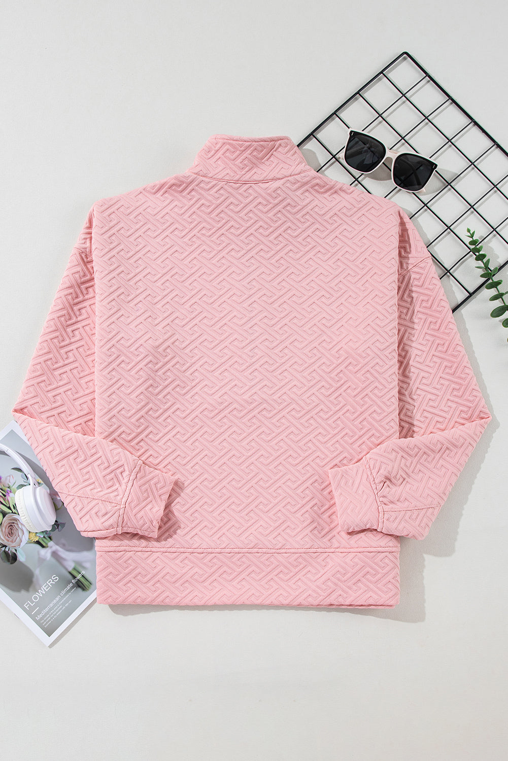 Light Pink Solid Textured Half Zipper Collared Sweatshirt-Sweatshirts & Hoodies-[Adult]-[Female]-2022 Online Blue Zone Planet