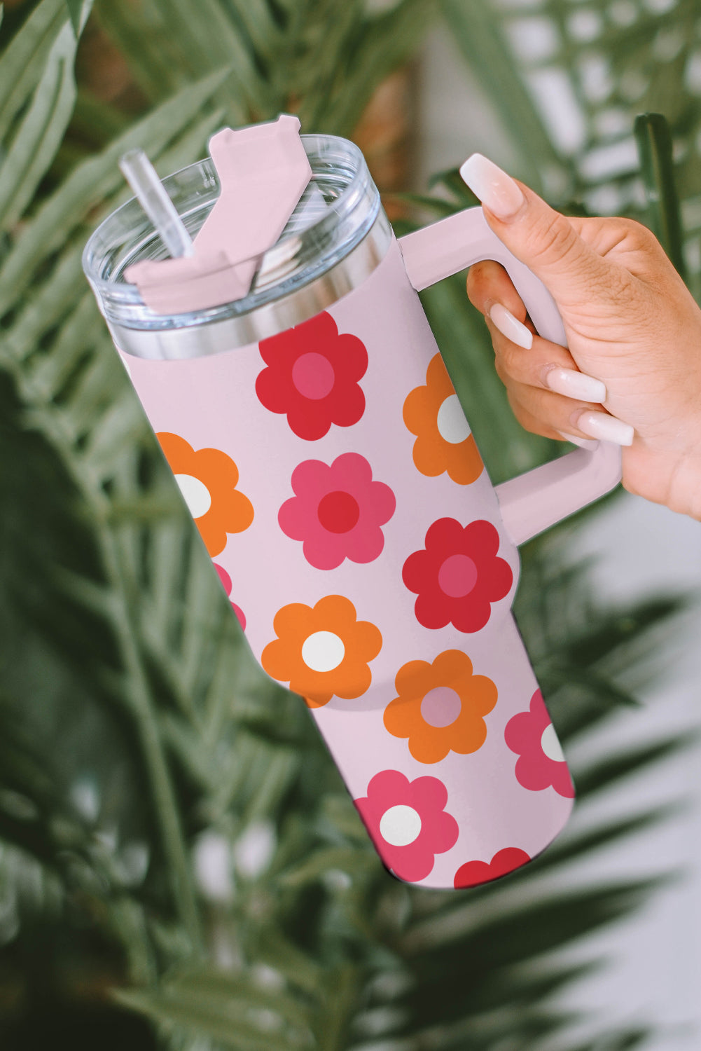 Multicolor Flower Print Handled Stainless Steel Vacuum Cup 40oz-Accessories/Tumblers-[Adult]-[Female]-2022 Online Blue Zone Planet