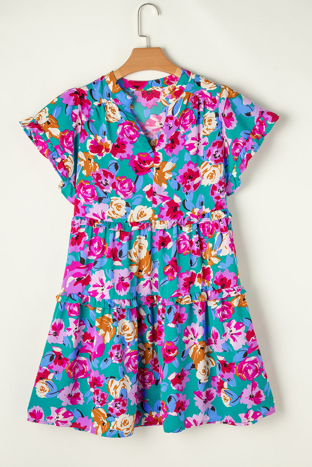 Blue Zone Planet | Green Rose Floral Print Ruffled Short Dress-TOPS / DRESSES-[Adult]-[Female]-2022 Online Blue Zone Planet