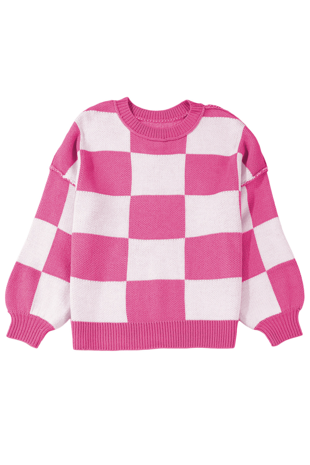 Blue Zone Planet | Pink Checked Bishop Sleeve Pullover Sweater-Sweaters-[Adult]-[Female]-2022 Online Blue Zone Planet