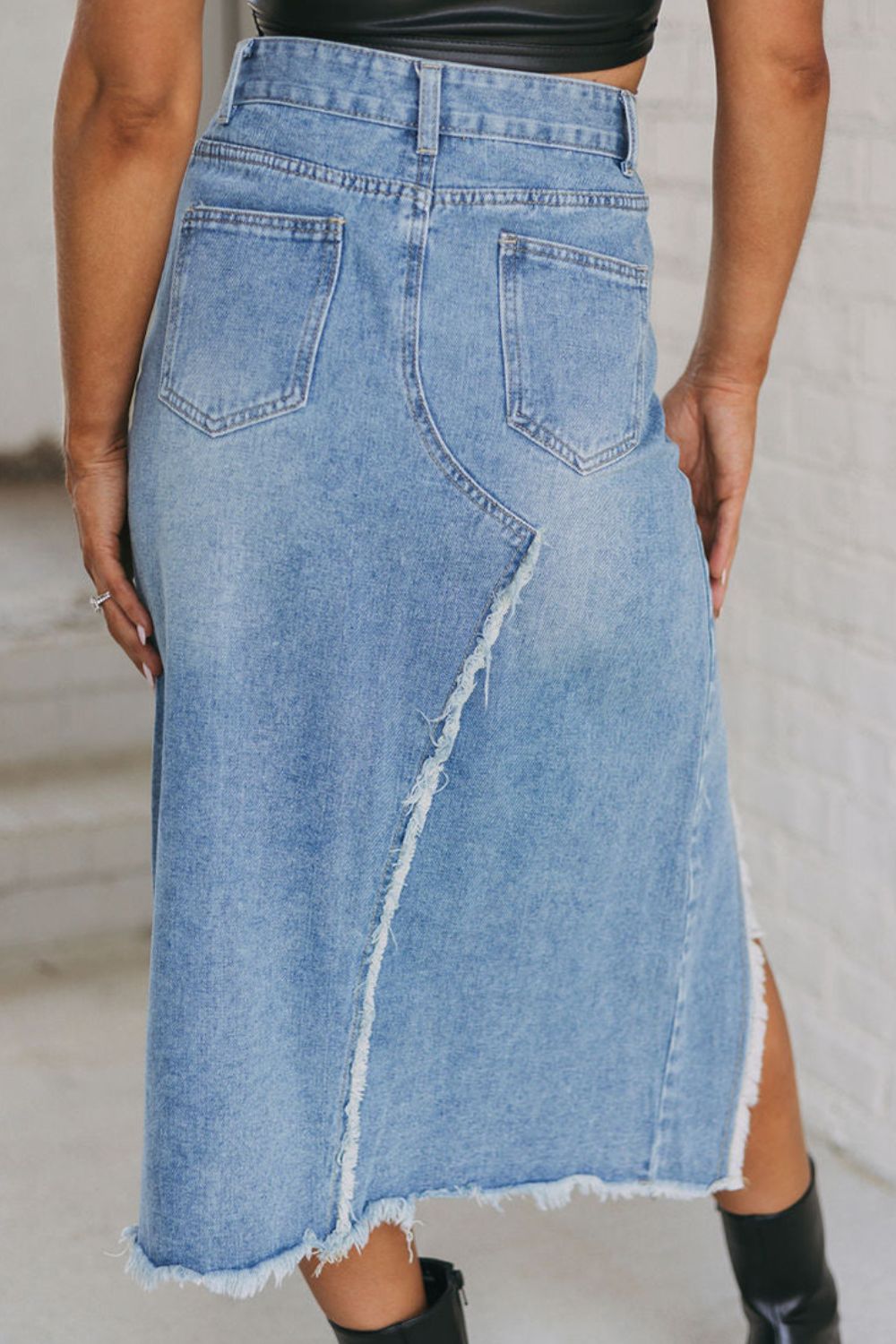 Raw Hem Slit Denim Skirt with Pockets-BOTTOMS SIZES SMALL MEDIUM LARGE-[Adult]-[Female]-2022 Online Blue Zone Planet