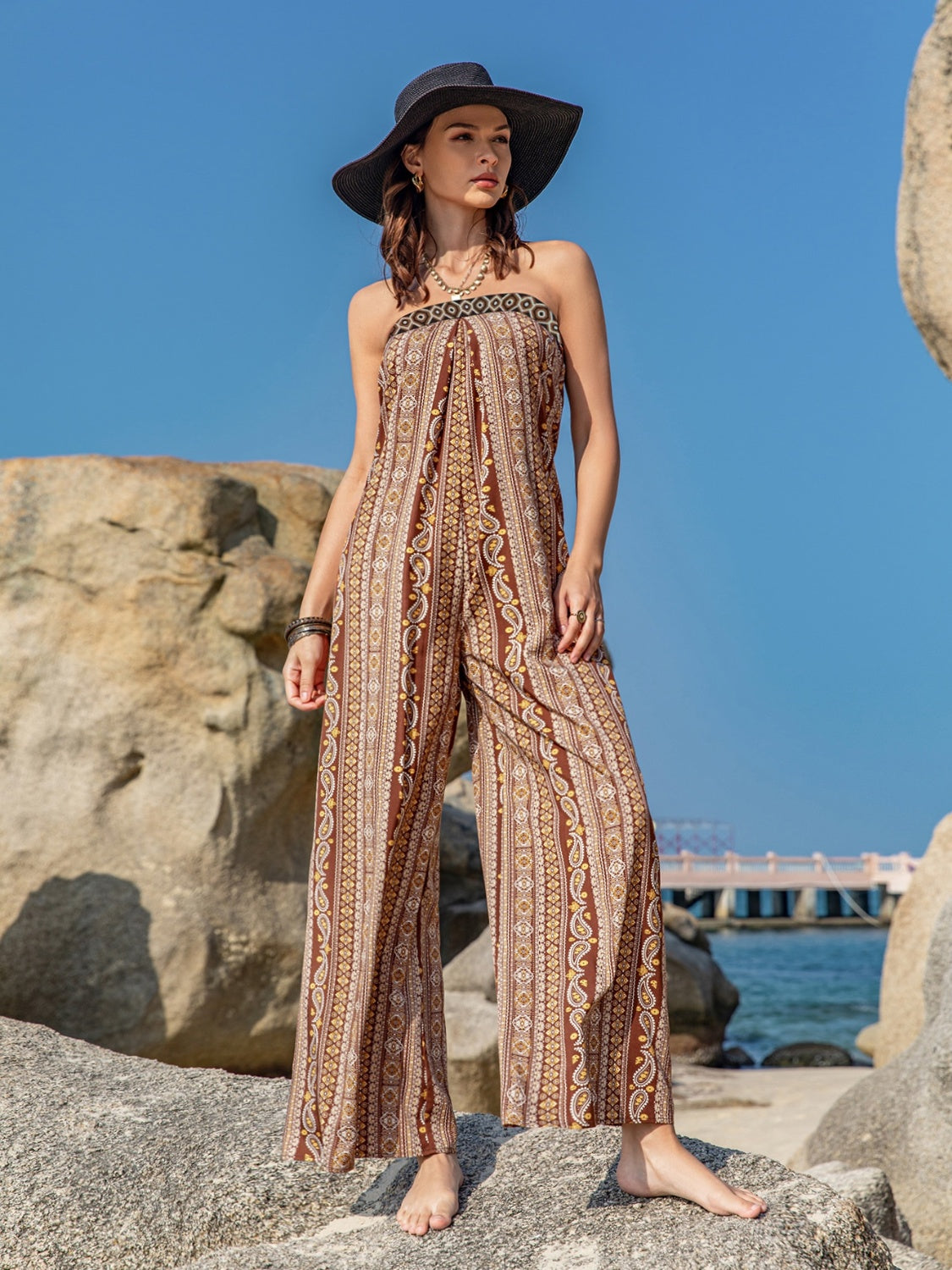 Blue Zone Planet |  Tied Printed Tube Wide Leg Jumpsuit BLUE ZONE PLANET