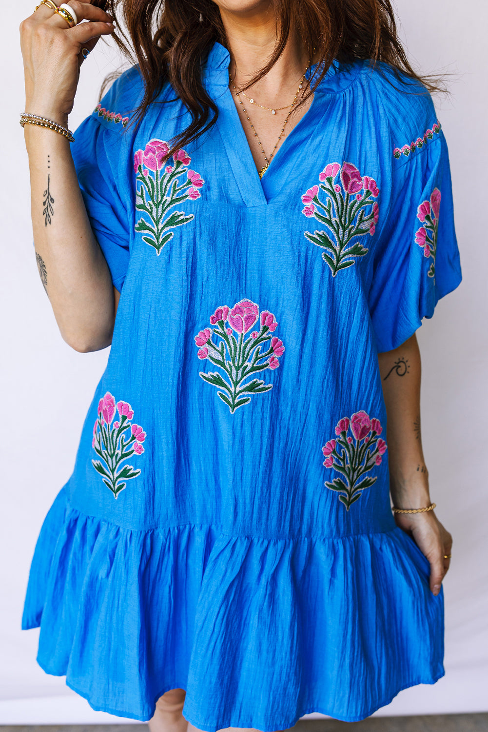 Blue Flower Embroidered Split Neck Short Puff Sleeve Ruffle Hem Dress-TOPS / DRESSES-[Adult]-[Female]-2022 Online Blue Zone Planet