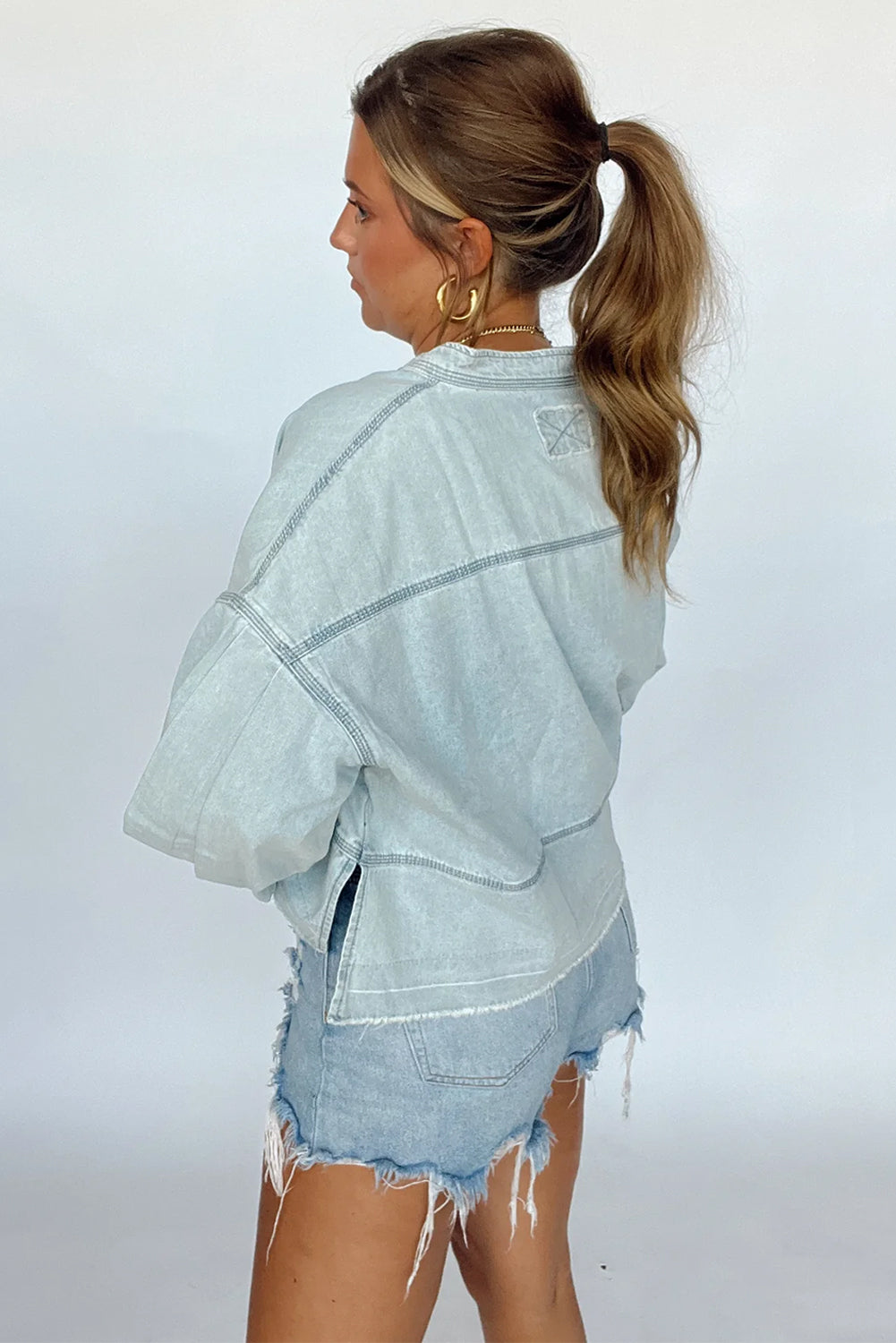 Beau Blue Light Wash Exposed Stitching Raw Hem V Neck Denim Top-Tops/Blouses & Shirts-[Adult]-[Female]-2022 Online Blue Zone Planet