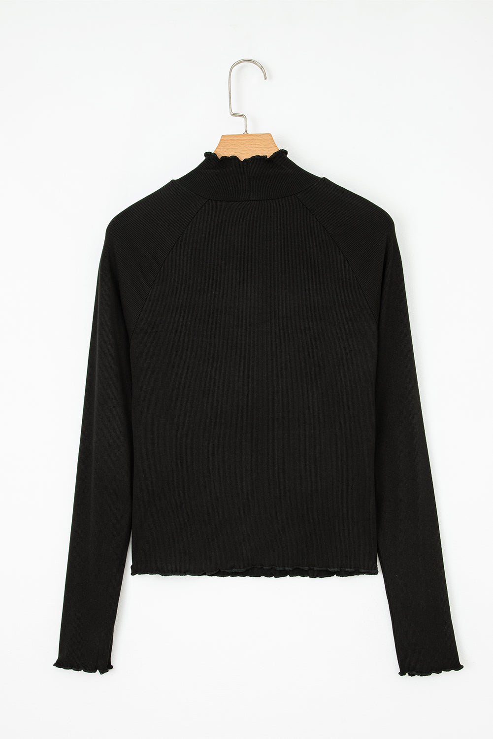 Black Ribbed Knit Lettuce Trim High Neck Long Sleeve Top-TOPS / DRESSES-[Adult]-[Female]-2022 Online Blue Zone Planet