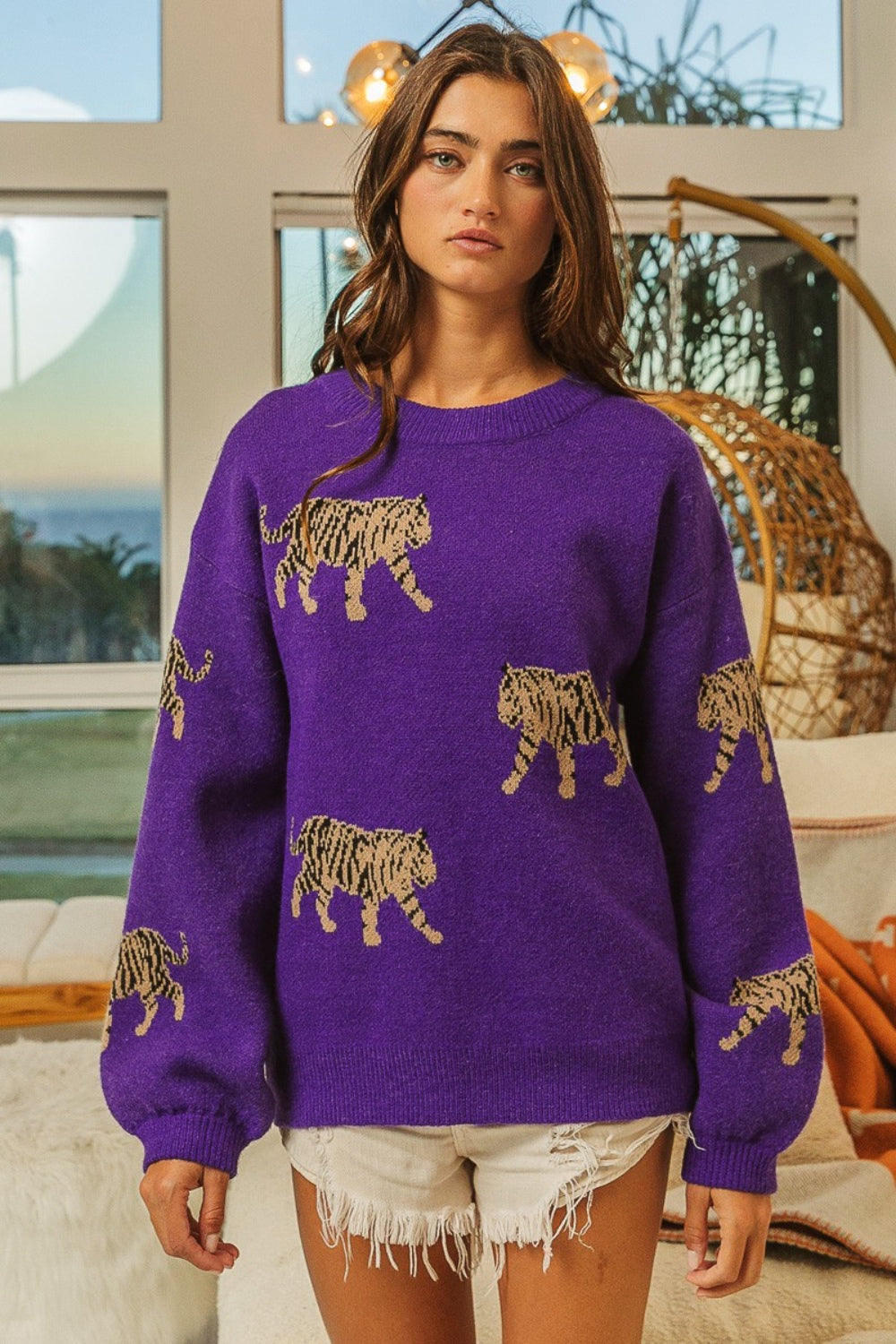 BiBi Tiger Pattern Long Sleeve Sweater-TOPS / DRESSES-[Adult]-[Female]-2022 Online Blue Zone Planet