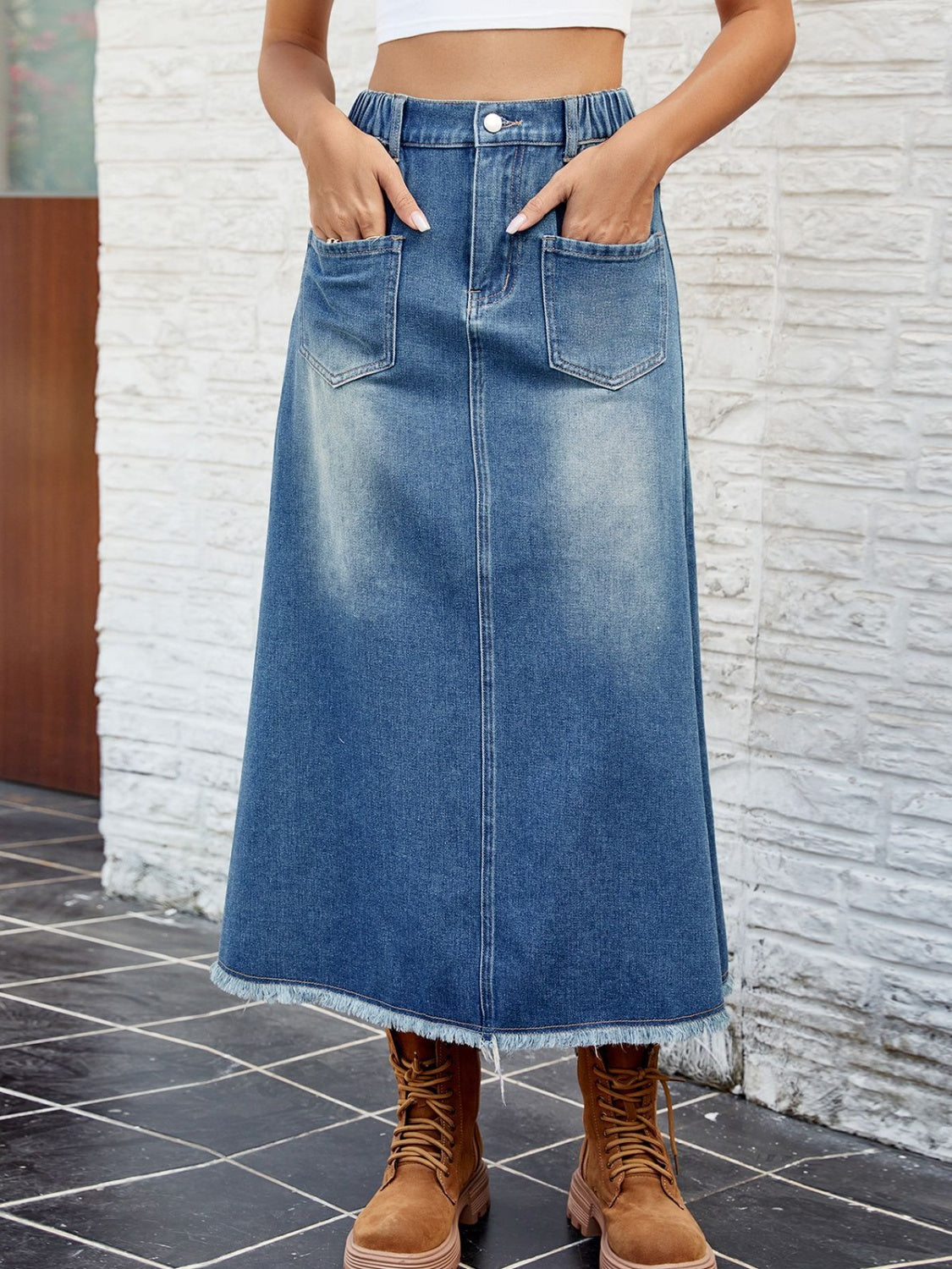 Raw Hem Buttoned Denim Skirt with Pockets-BOTTOMS SIZES SMALL MEDIUM LARGE-[Adult]-[Female]-2022 Online Blue Zone Planet