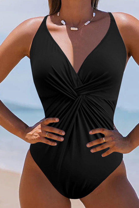 Black V Neck Twist Ruched Crisscross Backless One-Piece Swimsuit Blue Zone Planet